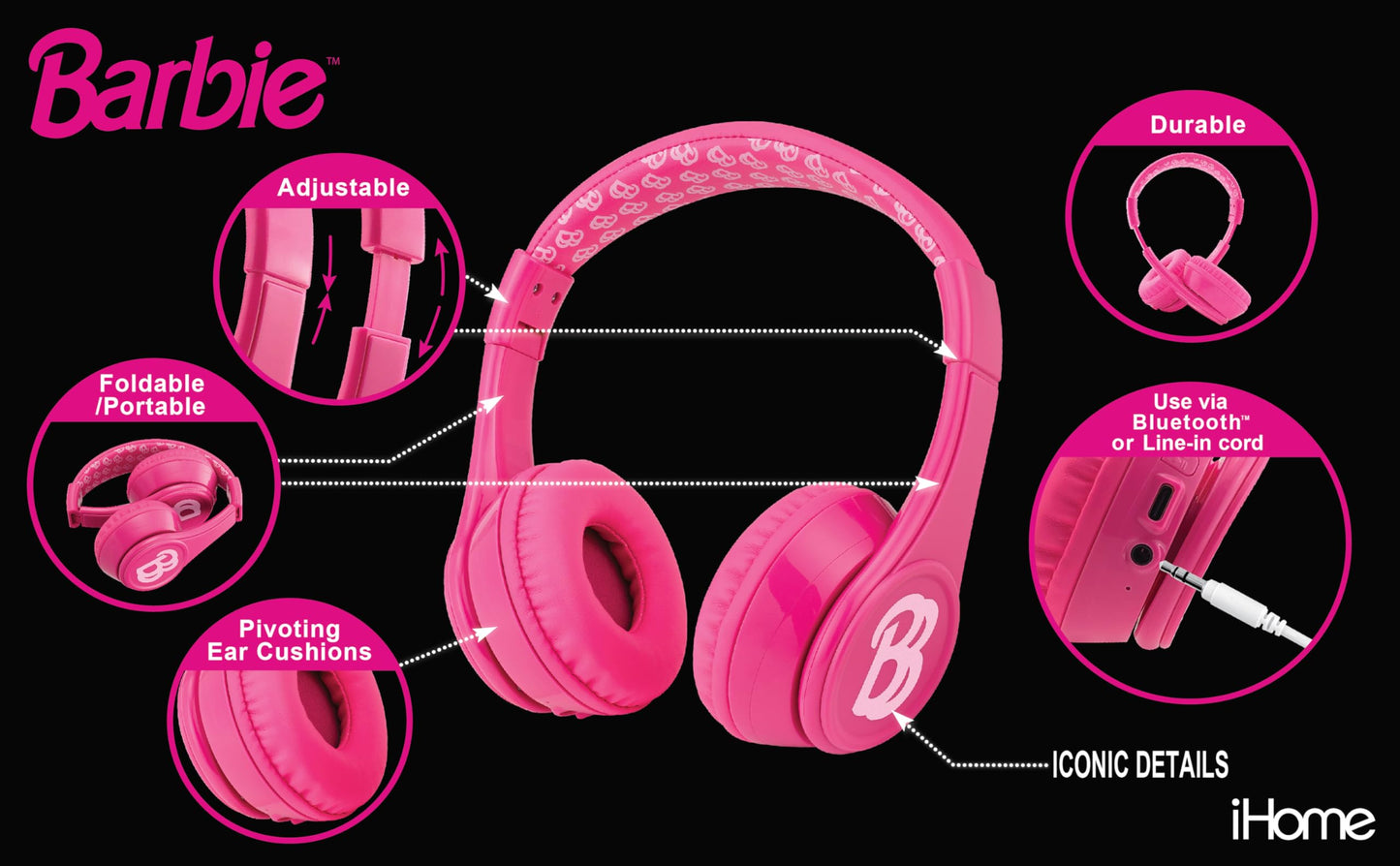 eKids Barbie Bluetooth Headphones, Pink Wireless Headphones with Microphone Includes Aux Cord, Volume Reduced Kids Foldable Earphones
