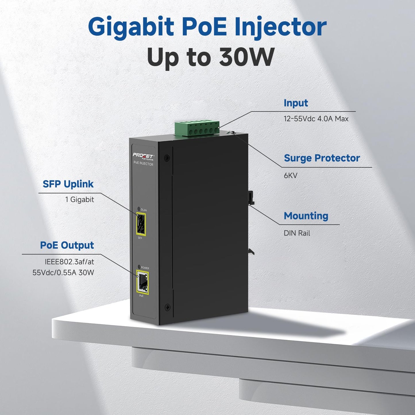 PROCET 30W PoE Injector SFP Uplink Gigabit DIN Rail PoE+ Power Adapter, 6KV Surge Protection, -40°F to 149°F for PTZ/ AI Camera, eero PoE 6, UniFi U6