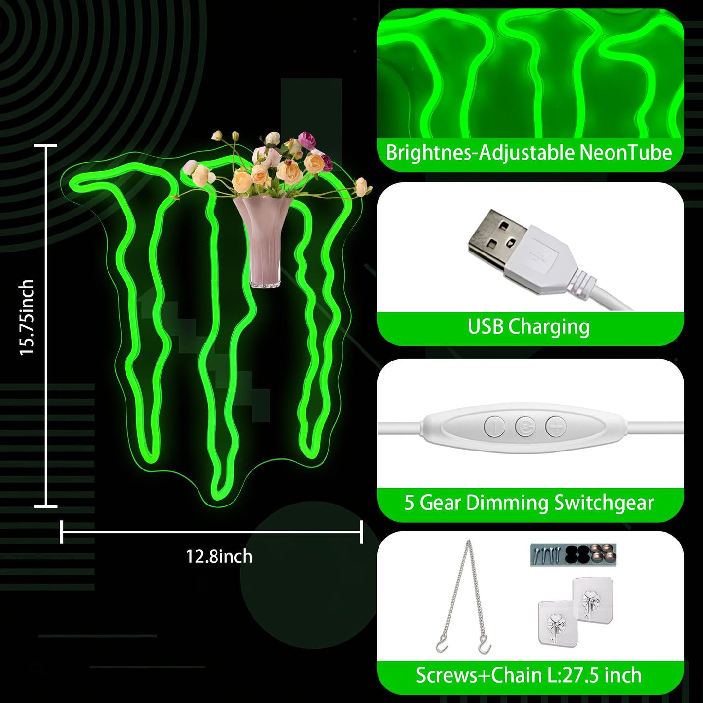 Green Energy Neon Sign for Wall Decor, Cool Dimmable Light Up Neon USB Light Up Sign for Man Cave Game Training Room Party Bar, Gym, Bedroom Decor