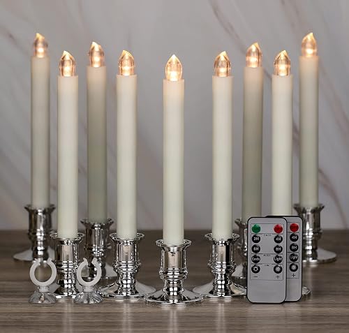 OWLBAY Set of 12 Flickering Flameless Window Candles with Remote and Timer, 8.7" H Battery Operated LED Taper Candles with Removable Silver Holders
