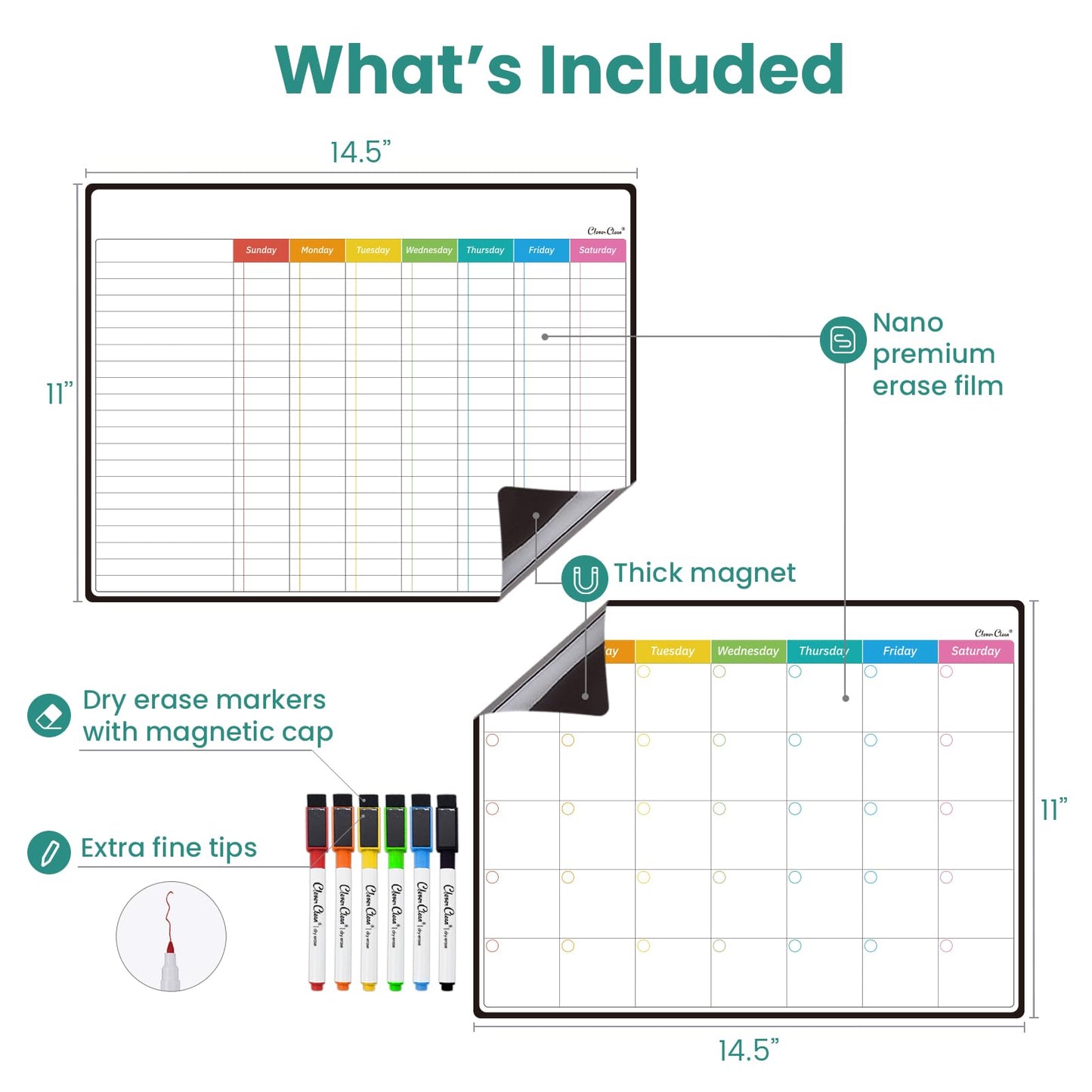 Magnetic Dry Erase Chore Chart, Monthly Calendar Set - 14.5"x11" Monthly Calendar, Chore Board for Fridge - 6 Extra Fine Point Markers Included