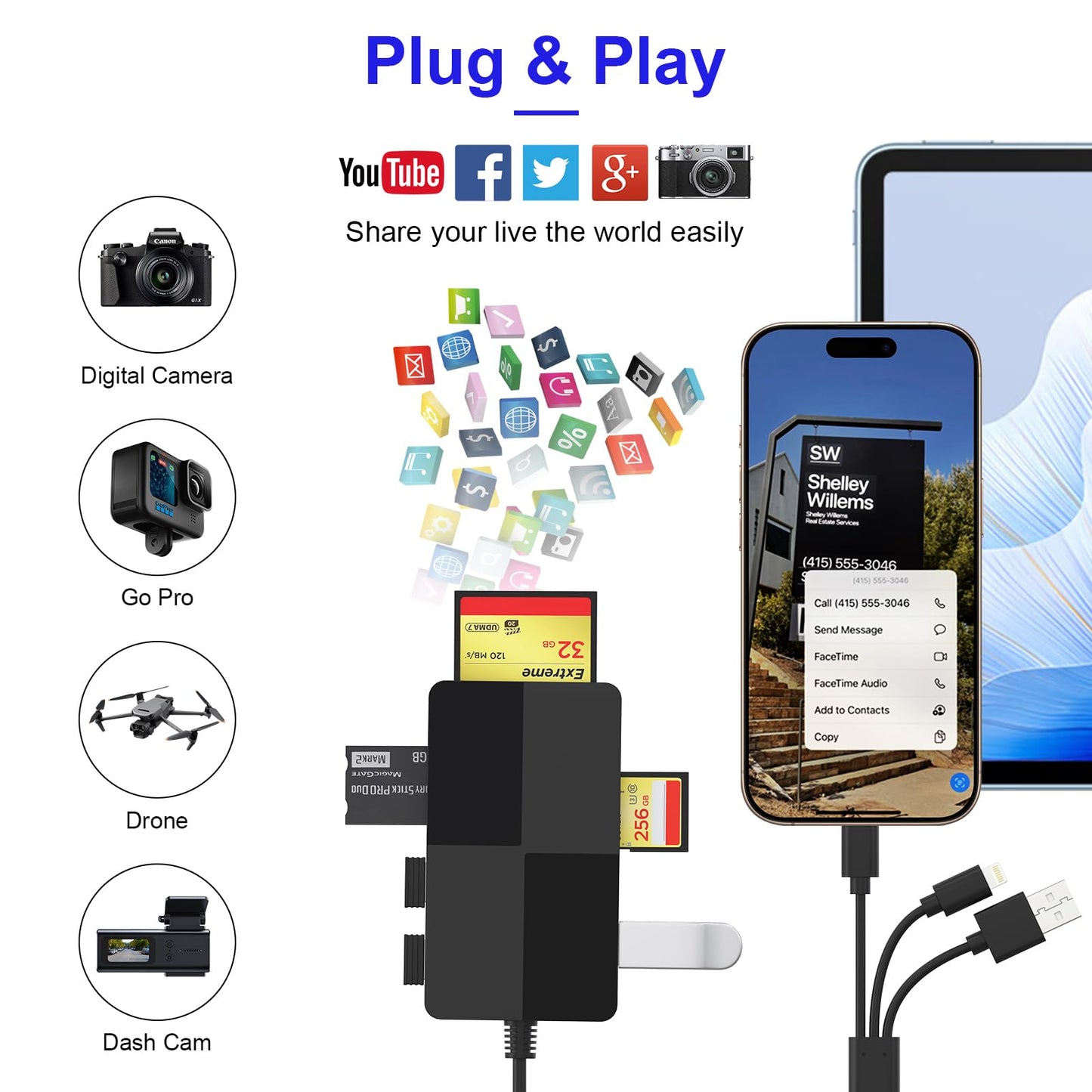 Memory Stick Duo pro Adapter - 8 in 1 SD/TF/MS/CF/XD Card Reader with Extra 3 USB Ports Supports Micro SD/SDHC/XD Picture Card USB C Lightning OTG