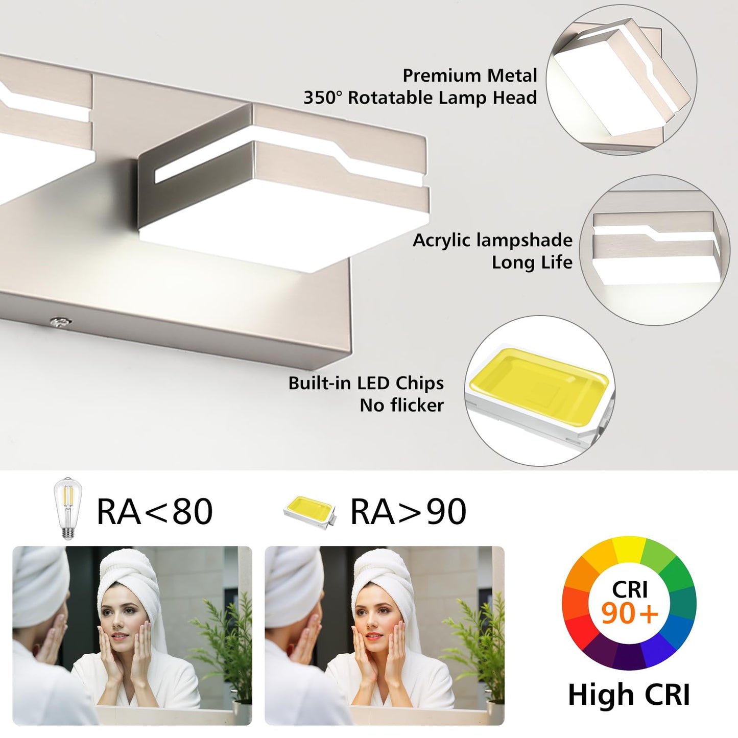 Merexcint LED Modern Bathroom Vanity Light Fixtures 3-Light, 19 inch Dimmable Nickel Vanity Lights for Bathroom Lighting Fixtures Over Mirror