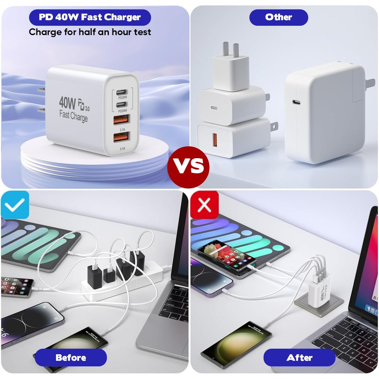 10FT iPhone 17 16 15 Pro Charger,2Pack 10Foot USB C to C Woven Cable Cord 40W USB C Apple Charger 4 Port PD&AC Charge Block Fast Charging for iPhone