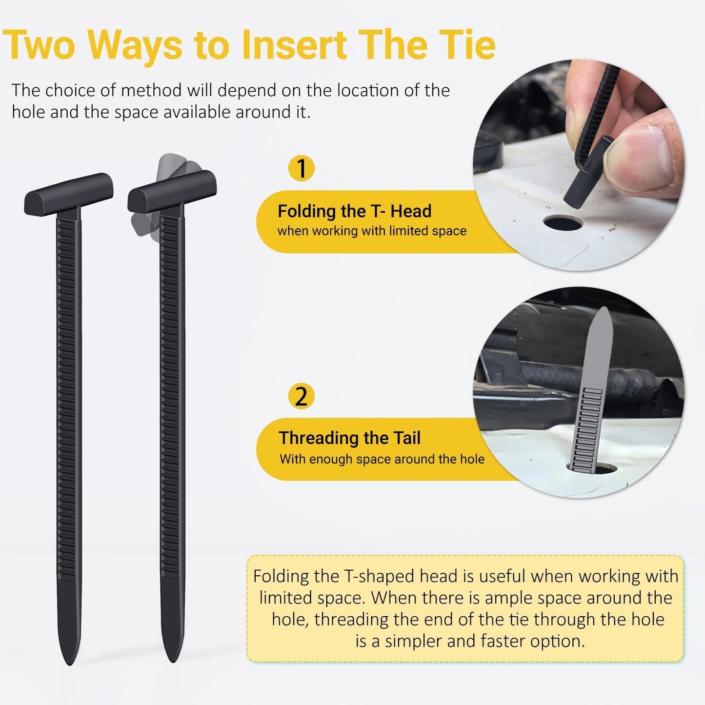 Upgraded Nylon Universal Cable Tie Buckles, Nylon Zip Ties Holders Kit, Automotive Zipper Clips Self-Locking T Rivet Zipties for Car Fender Trunk