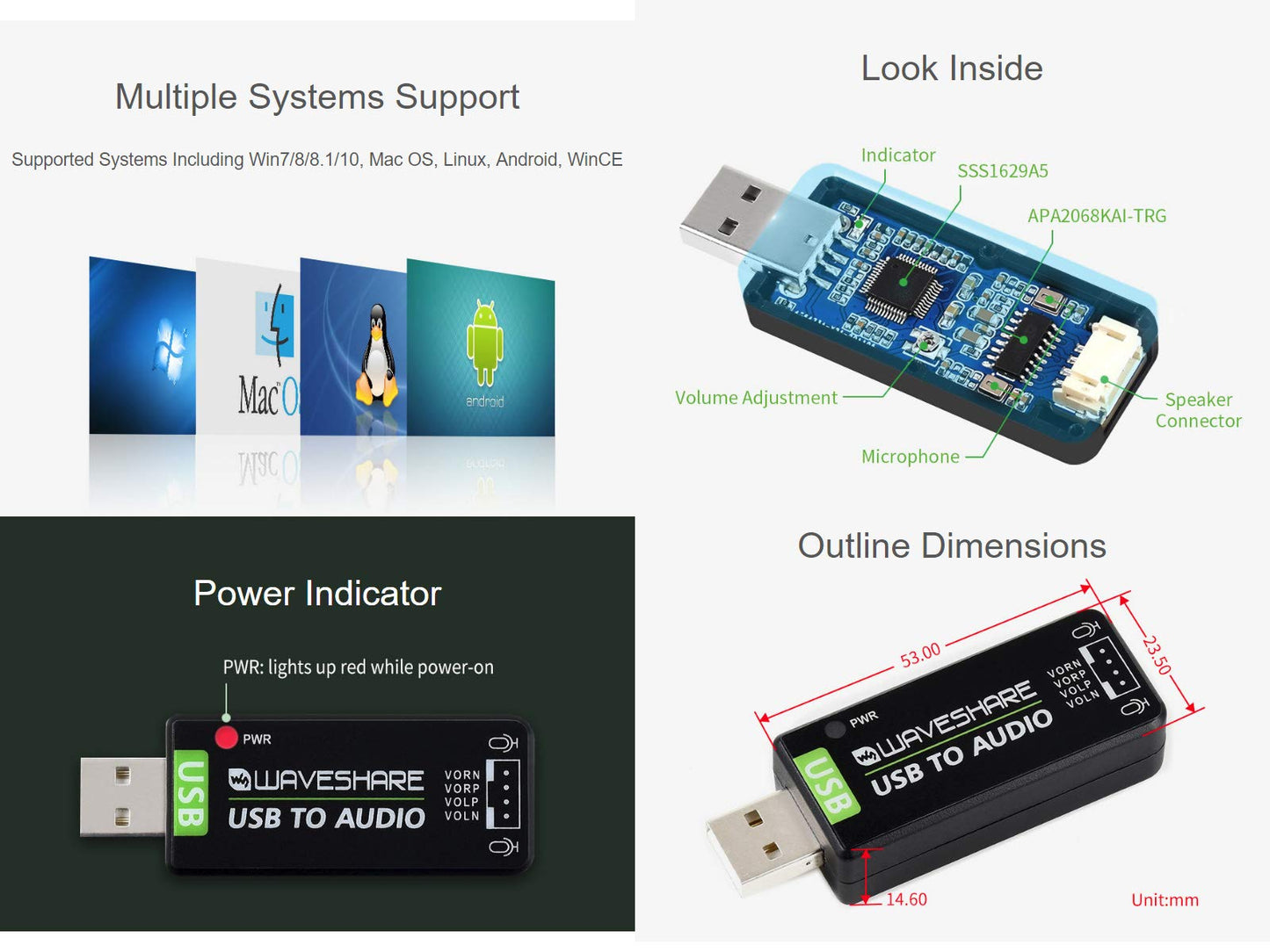 Waveshare USB Sound Card for Raspberry Pi/Jetson Nano USB Audio Module External Audio Converter Recording and Playback Support Stereo Codec Onboard