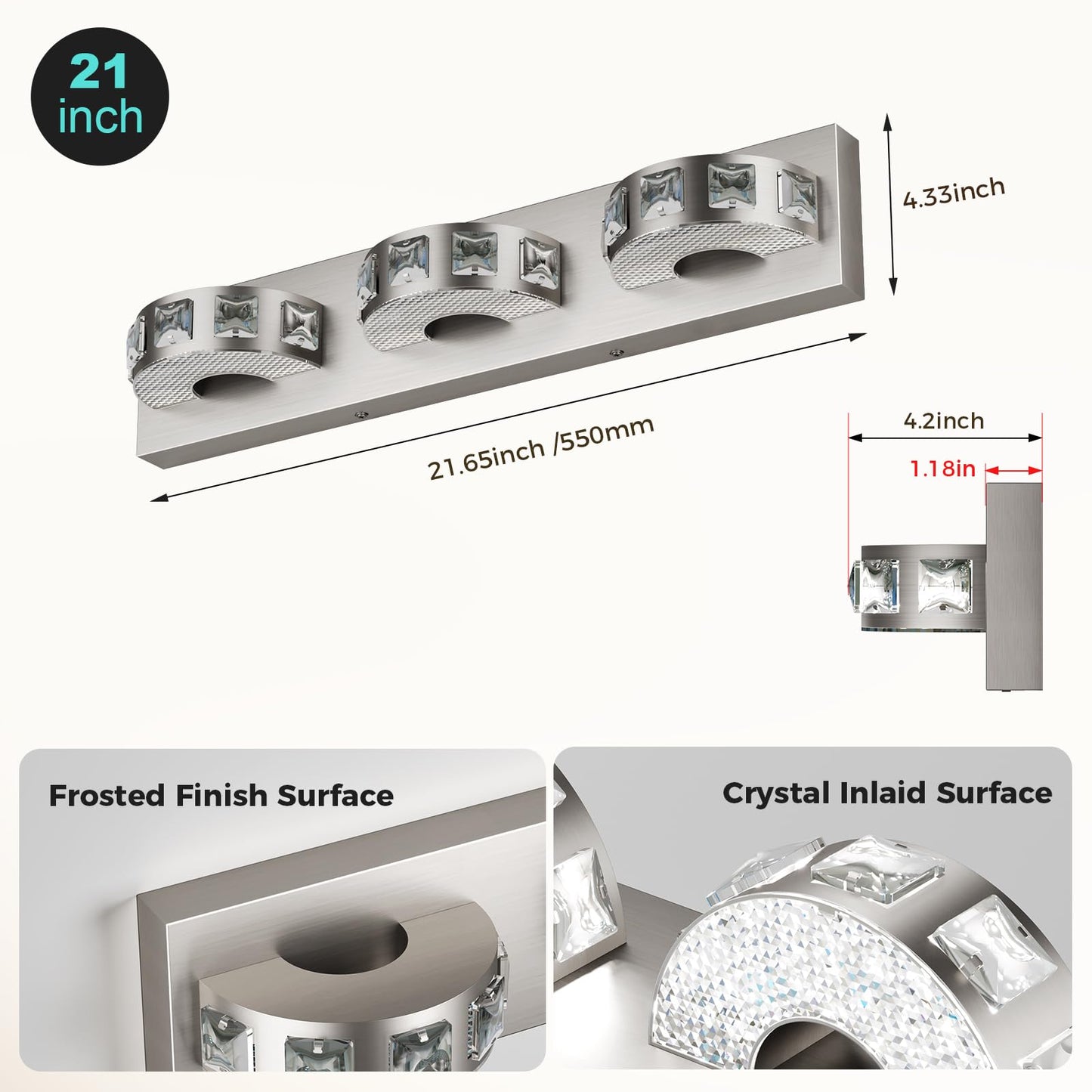 LED Modern Bathroom Vanity Light Fixtures (3-Light, 24W, 21.6-Inch), Brushed Nickel Bathroom Wall Lighting Fixtures Over Mirror (Cool White 5500K)
