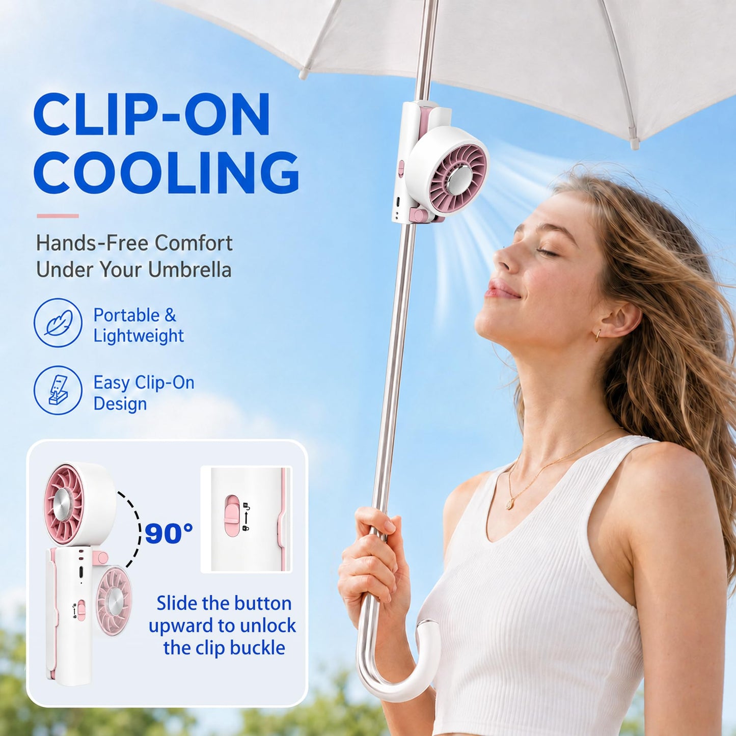 Sovrelon Handheld Portable Fan with Ice Cooling,Ice Cooling Umbrella Clip-on Fan, 5 Speed High-Velocity Rechargeable,USB Powered Fan for Outdoor