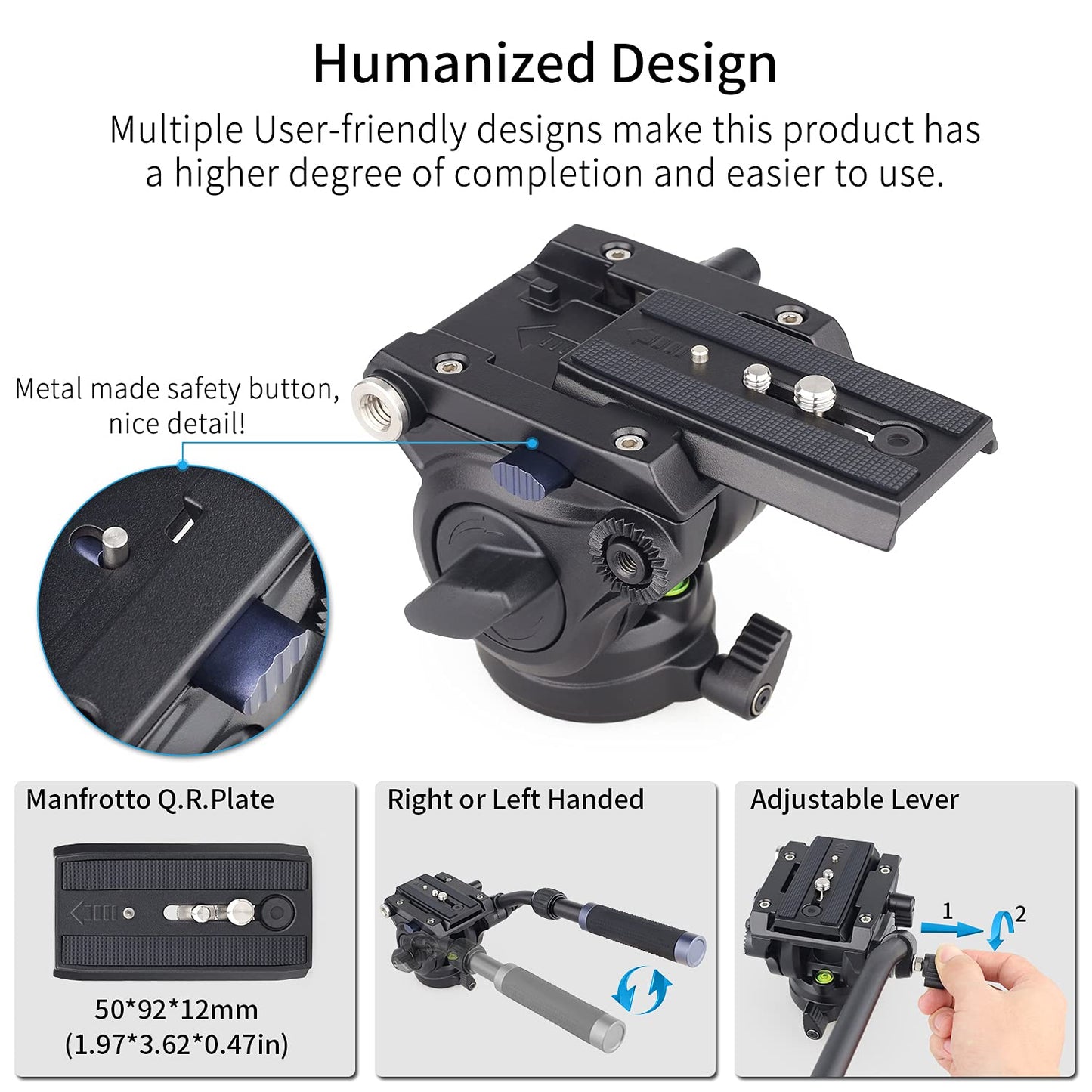 Video Camera Tripod Fluid Head-INNOREL F60,Professional Drag Pan Panoramic Fluid Head with 1/4" and 3/8" Screws Sliding Plate for DSLR