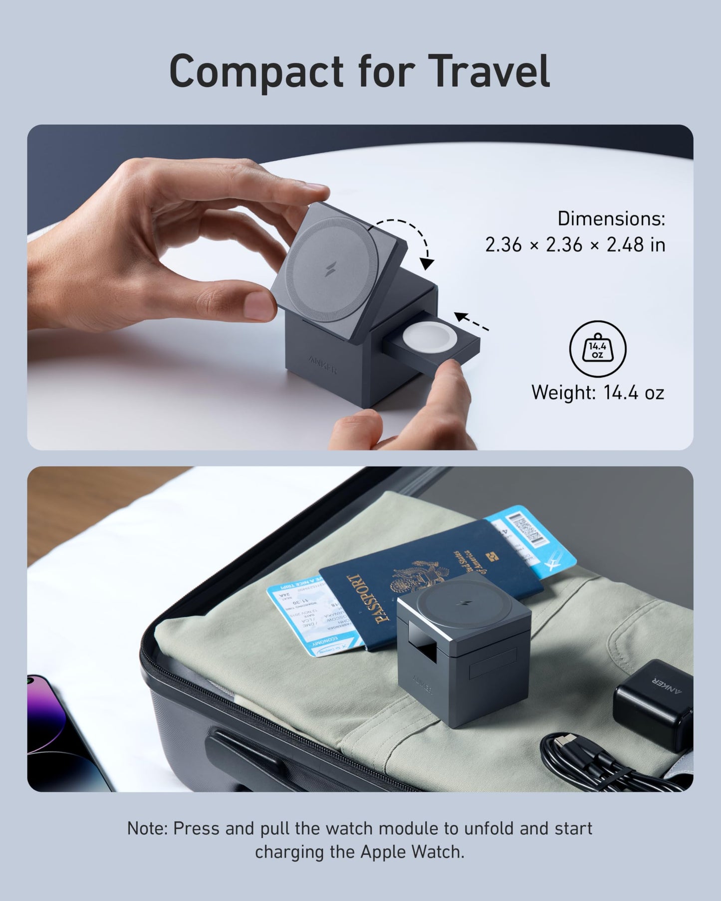 Anker 3-in-1 Cube Wireless Charger, MagSafe Charging Stand, 15W Foldable Fast Charging Station for iPhone 17/16/15, Apple Watch 1-8/Ultra, AirPods