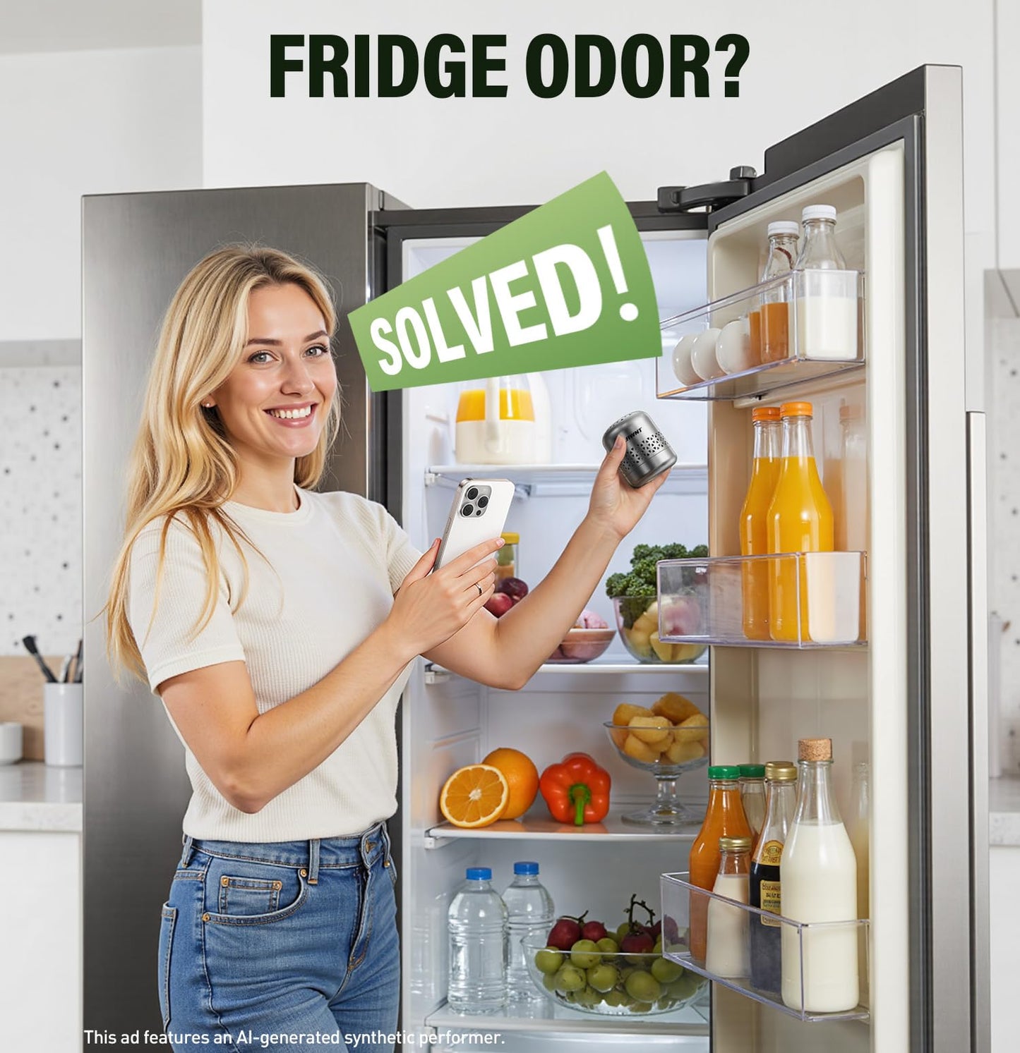 FLAWNT Fridge Deodorizer, Lasts Up to 10 Years, Stainless Steel, Gray