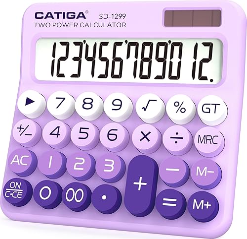 CATIGA Mechanical Switch Calculator with Solar and Battery Dual Power, 12-Digit Large LCD Display, Aesthetic and Cute Desktop Calculator with Big