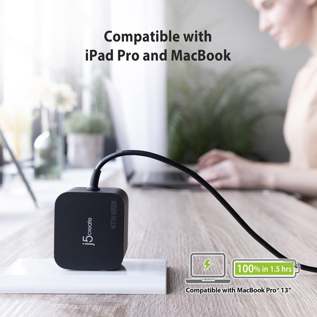 j5create 65W GaN PD USB-C Foldable Mini Charger with HP DC Converter