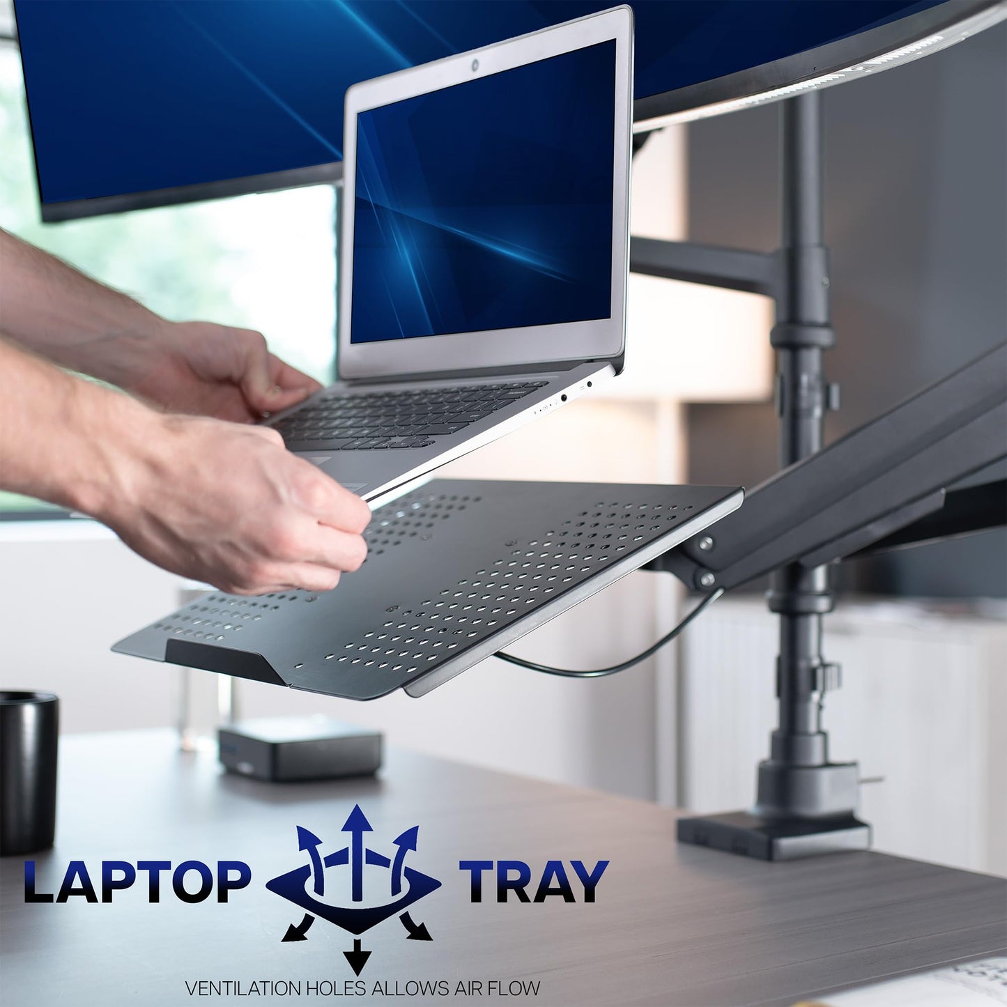 VIVO Pneumatic Arm Ultrawide Monitor Extra Tall Desk Mount for Up to 49 inch Screens and Laptop Tray for Up to 17 inch Notebooks, Holds Ultra-Wides Up