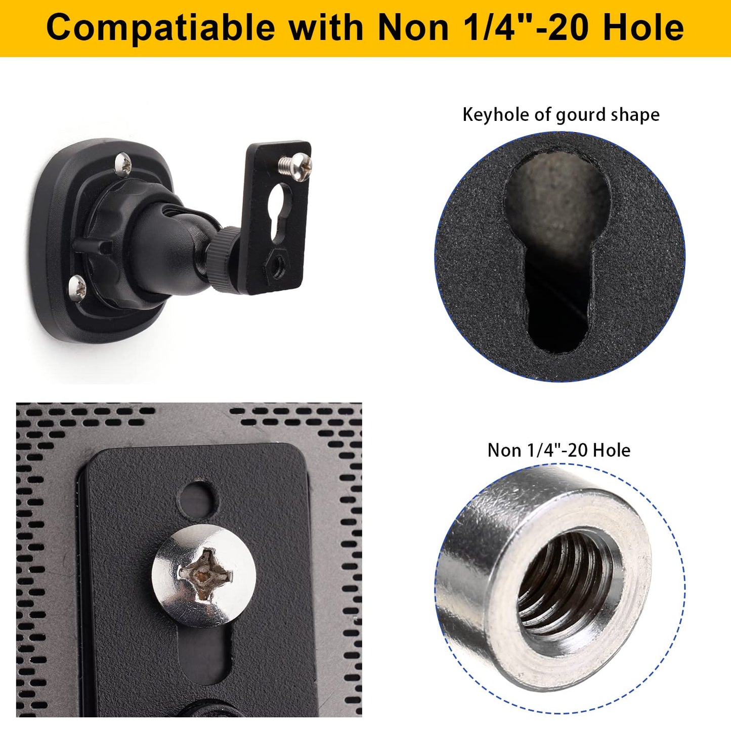 Mippko 2 Pack Speaker Wall Mount Holder for 1/4"-20 Threaded Keyhole,2 Pack Adaptors Compatible with Non 1/4"-20 Threaded Screw Holes,360°Rotation