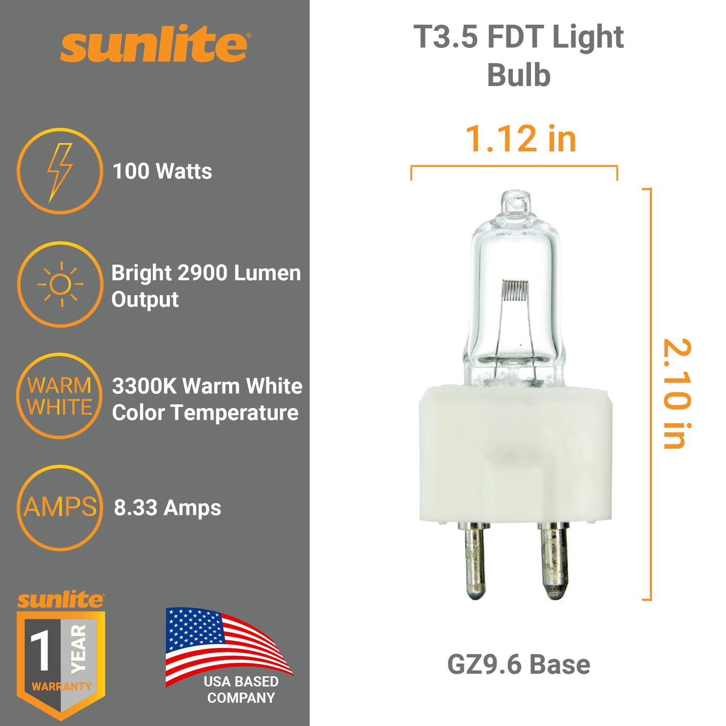 Sunlite T3.5 FDT Light Bulb, 100 Watts, 8.33A, 12V, C-6F Filament, 2900 Lumens, 99 CRI, GZ9.6 Base, Clear Finish, 3300K Warm White, Ideal for Closet