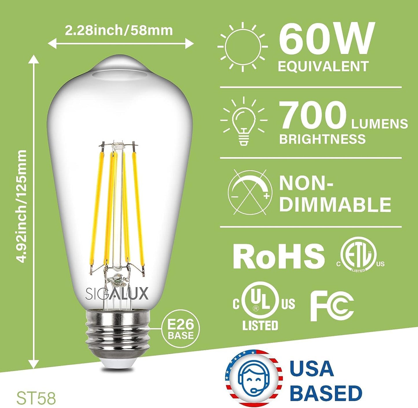 Sigalux Edison Bulbs, E26 LED Bulb ST58 Filament Clear Non-Dimmable Vintage Light Bulbs 60W Equivalent 700LM Daylight White 5000K 15, 000hrs 12 Pack