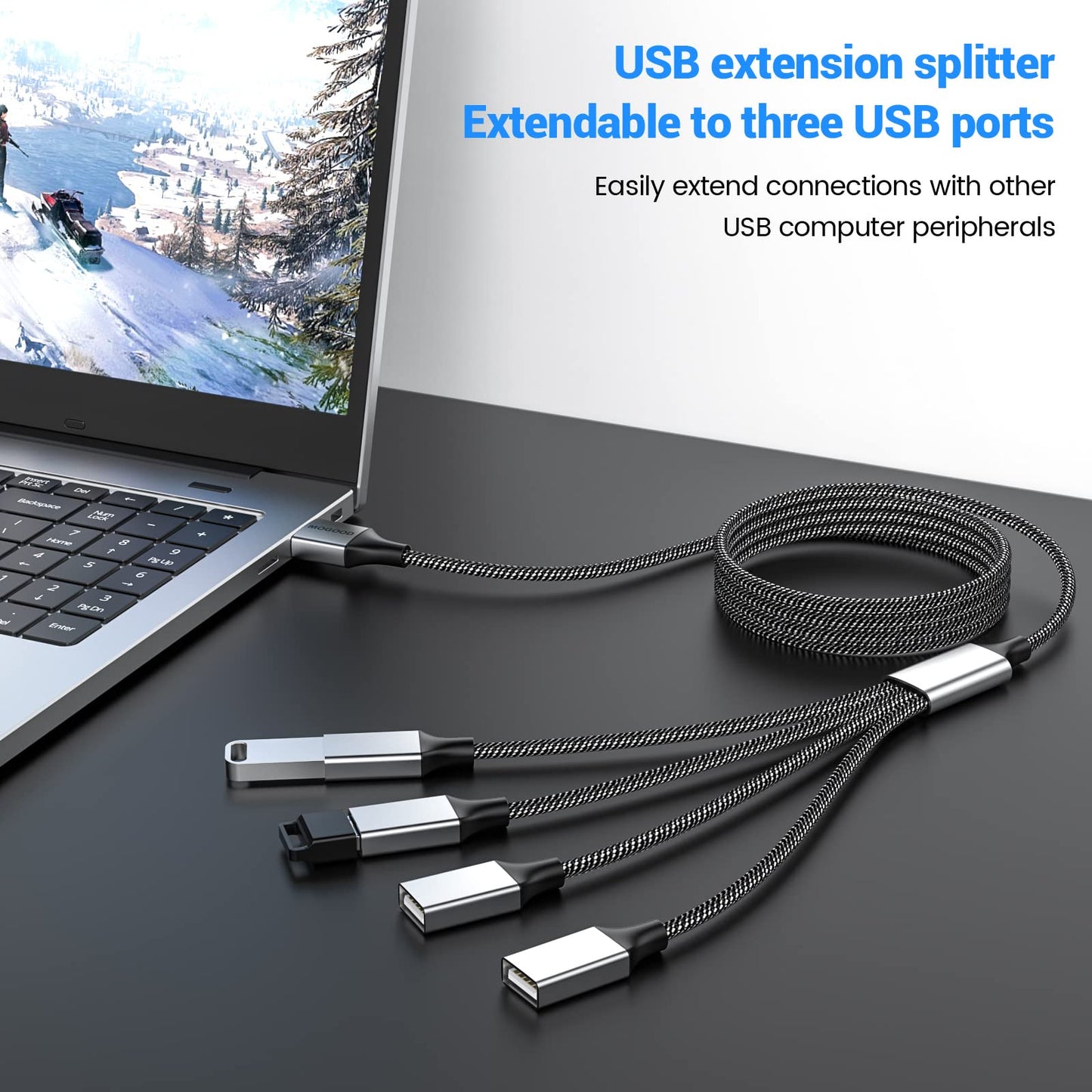 MOGOOD 4 in 1 USB Splitter Cable, USB to 4 USB Adapter, USB Power Splitter for Data Charging, PC, Mac, Car, Xbox One, PS4, PS5