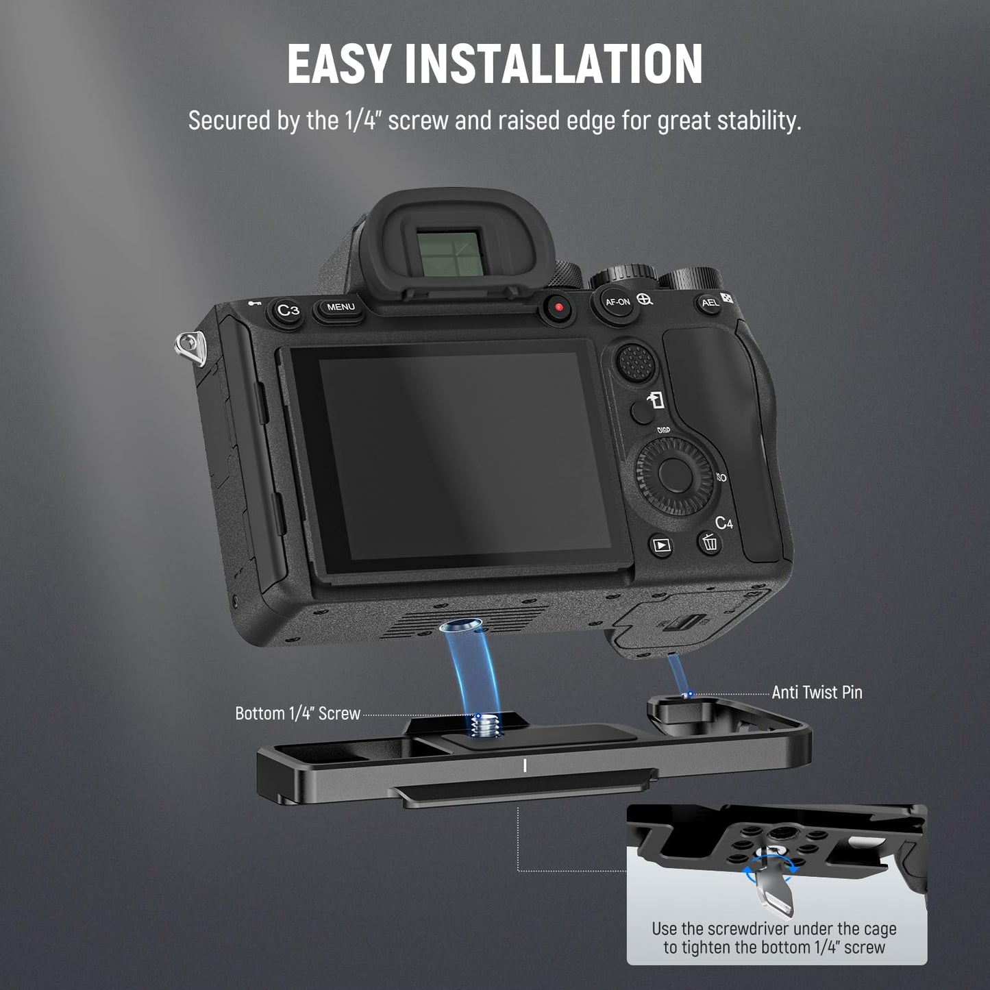 NEEWER A7 IV A7R IV A7R V A7S III Camera Baseplate, Bottom Mount Plate with Arca Type QR Base, 1/4" & 3/8" Threads, Cold Shoe, Compatible with Sony