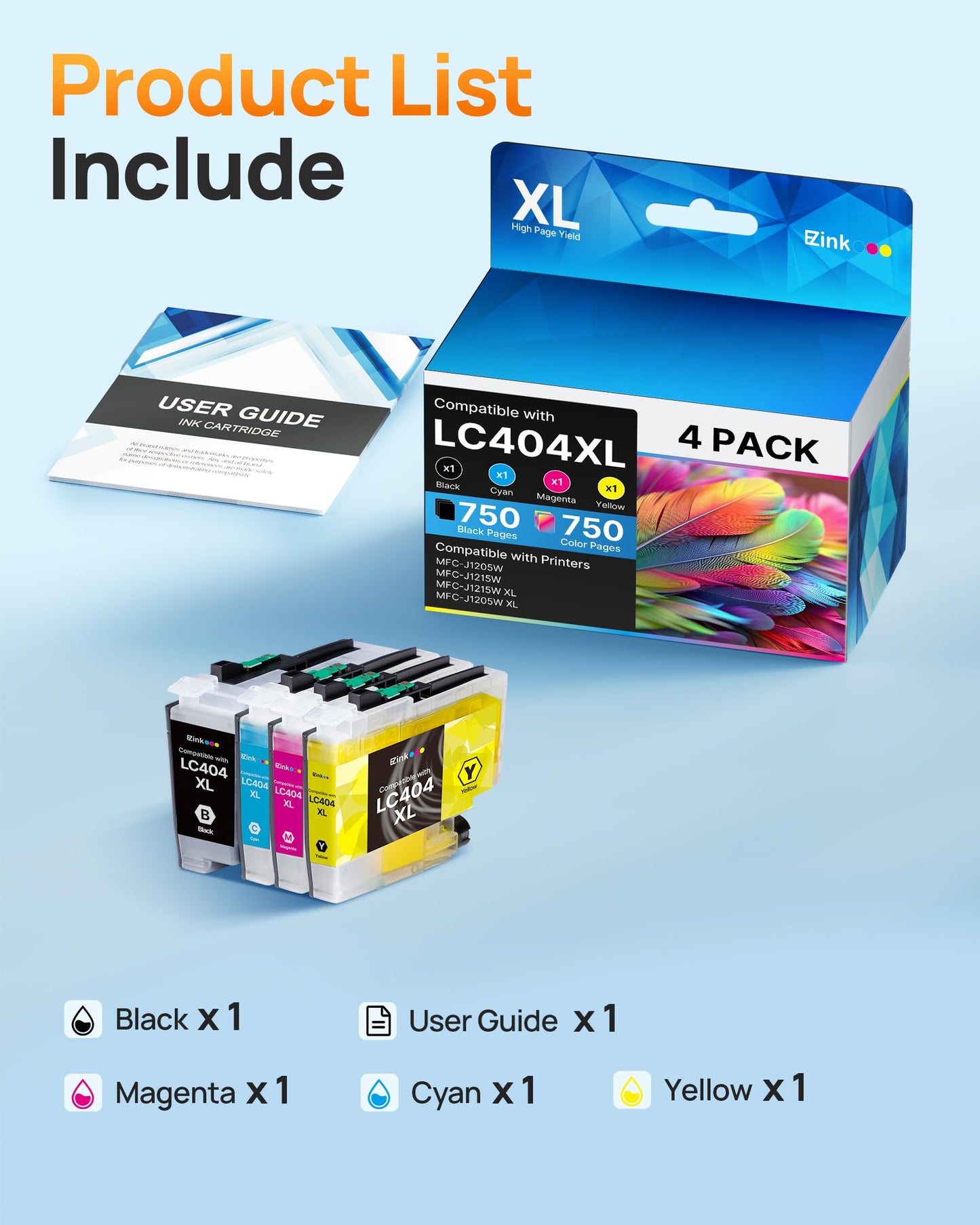 E-Z Ink LC404 MFC-J1205W LC 404 XL Ink Cartridges for Brother Printer 4Pack