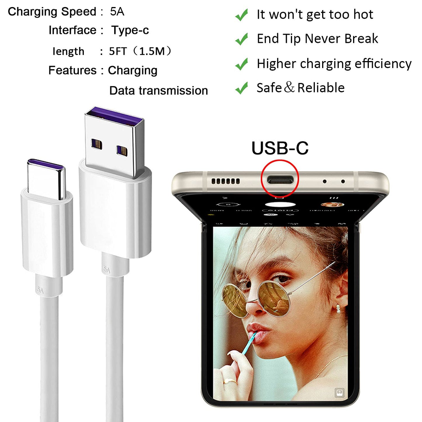 USB C Charger Cable for Samsung Galaxy Z Flip 7, 7FE, 6, 5, 4, 3, 2, Samsung Galaxy Z Fold 7, 6, 5, 4, 3, 2 Android Phone Car Power Charging Cord