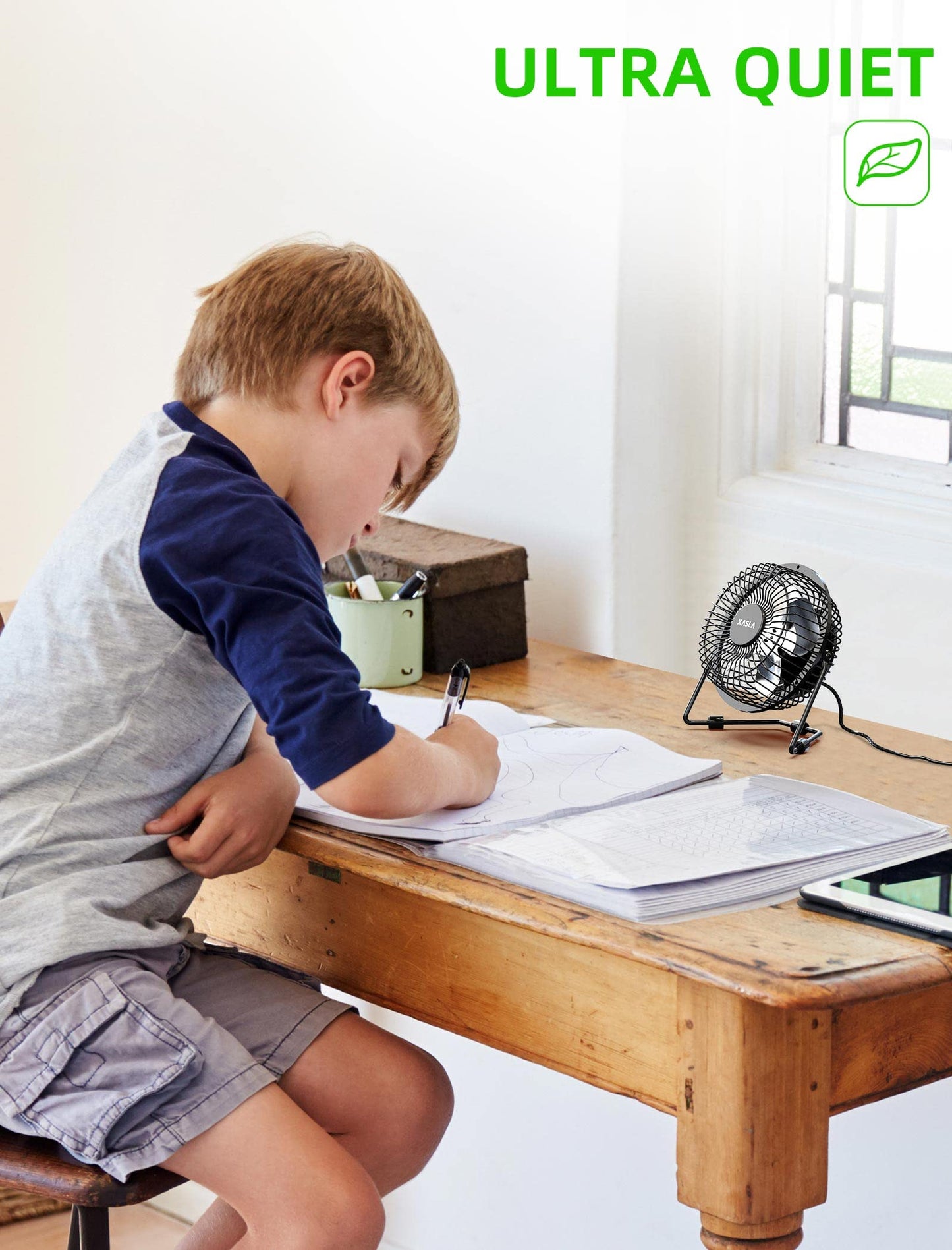 xasla 4 Inch Small USB Desk Fan, Mini Quiet Fan with Metal Construction & Strong Airflow & 360°Adjustable Tilt Angle, Personal Cooling Fan for Desktop