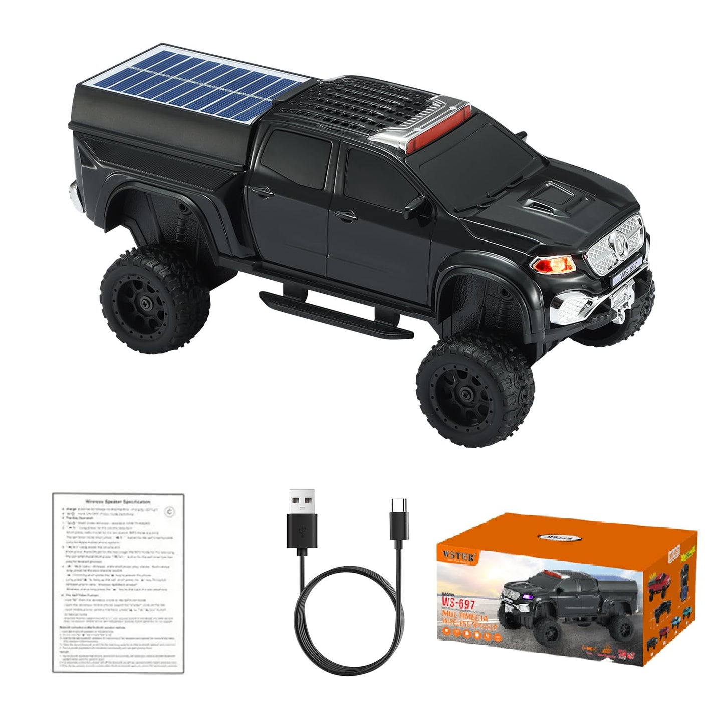 WSTER WS-697 Pickup Truck Bluetooth Replica Speaker - Solar Wireless Car Speaker with LED Lights, TWS Stereo, FM Radio, USB/TF Playback, Hands-Free