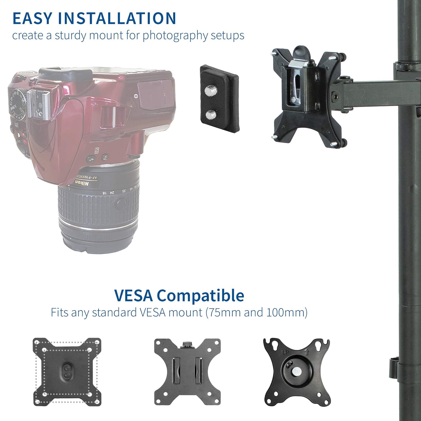 VIVO Universal VESA Adapter Bracket Kit for Cameras, Photo or Video Shooting, 1/4 inch Mount, Attach to Monitor Stand or Tripod, Overhead Portrait or