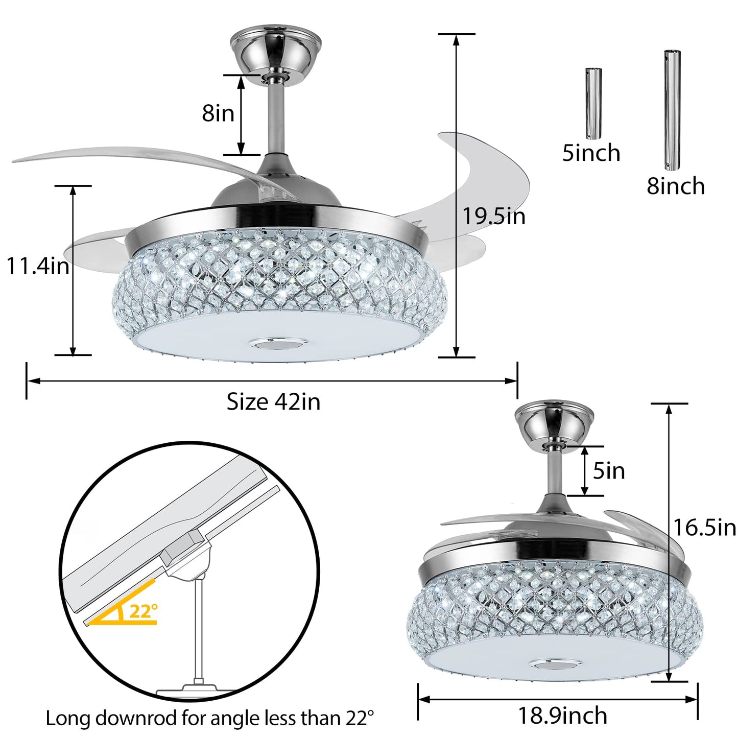 Panghuhu88 42" Invisible Ceiling Fan Chandelier with Light and Bluetooth Speaker,Modern 3 Color Change Crystal Ceiling Fan Light Remote Control 4