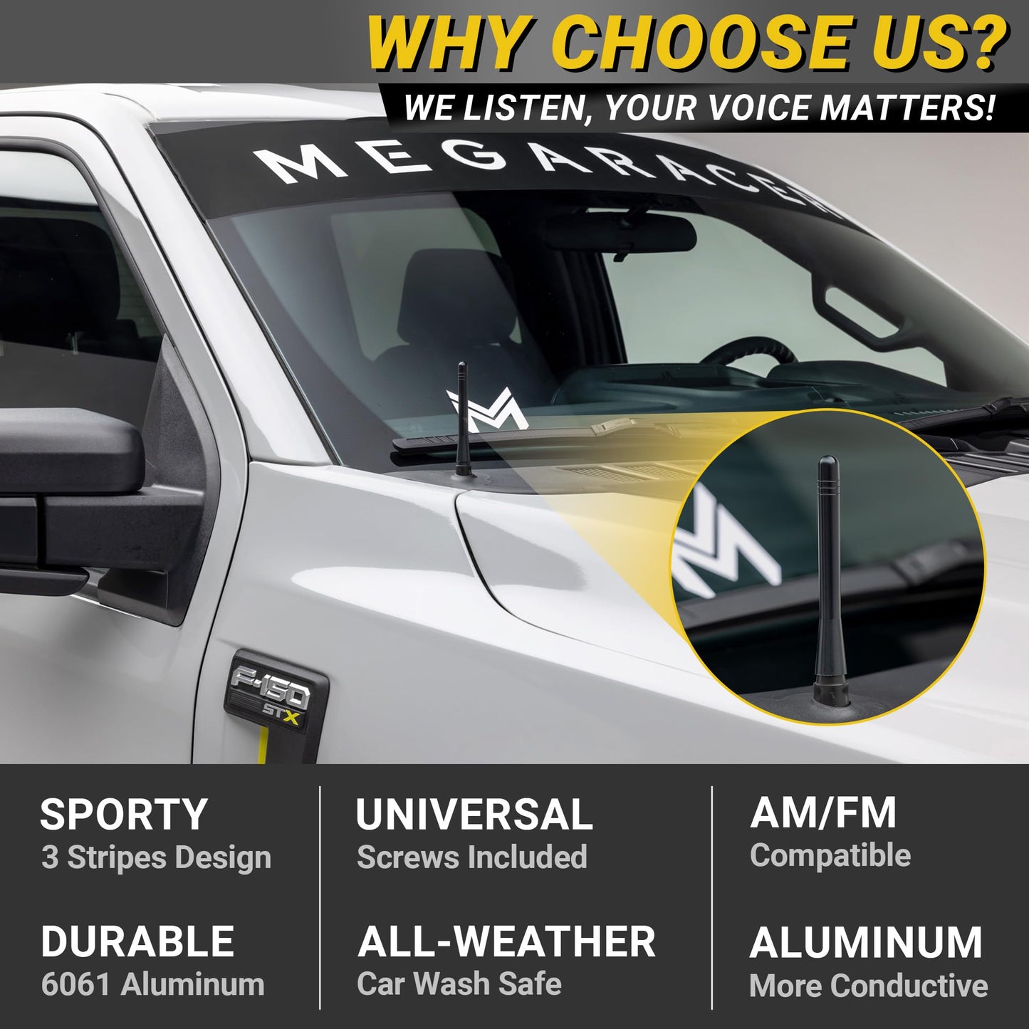 Universal 4" Short Black Truck Antenna for Ford F150 F250 Bronco RAM 1500 Chevy Silverado GMC Sierra Wrangler Gladiator Tundra Tacoma RAV4 Rogue, Car