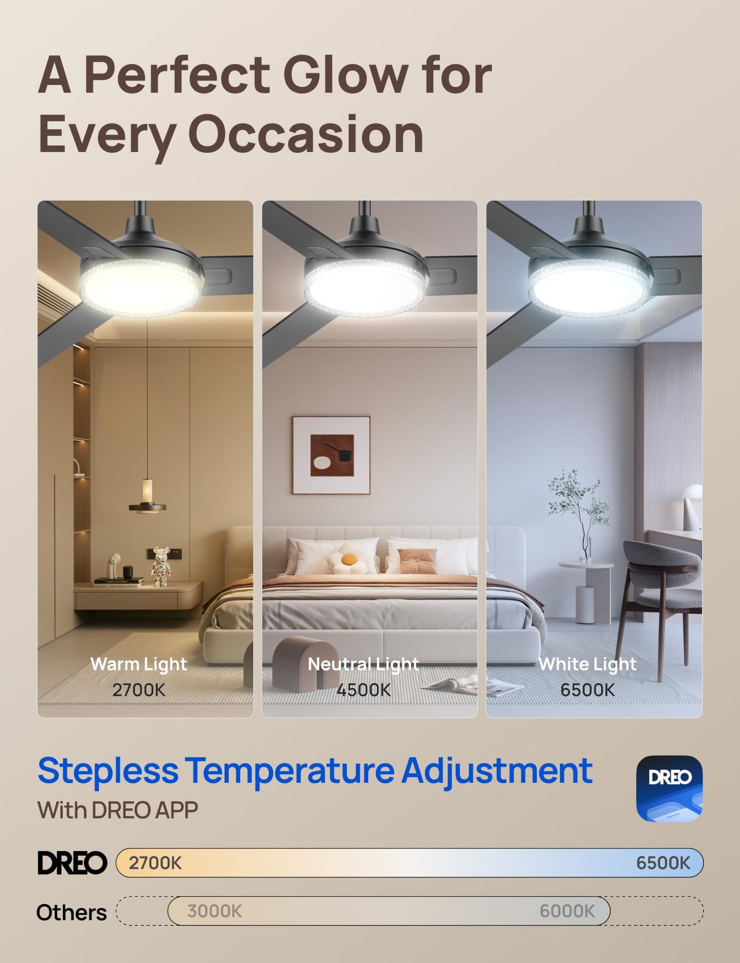 DREO 52 Inch Smart Black Ceiling Fans with Lights, 12 Speeds & 3 Fan Modes, Stepless Color Tones, Dimmable LED Light, 1-12H Timer, Quiet DC Motor