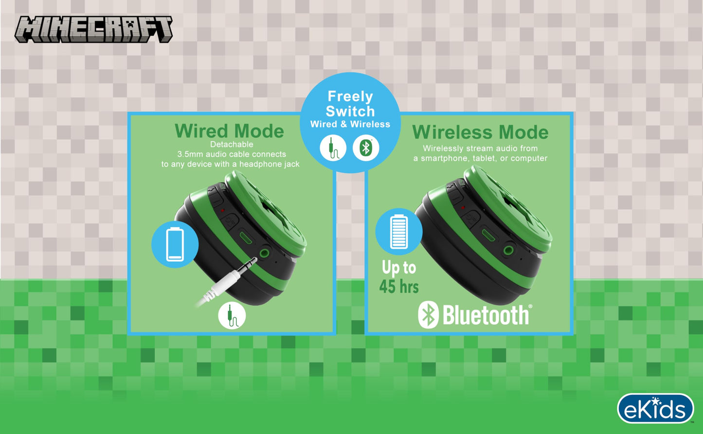 eKids Minecraft Kids Bluetooth Headphones, Wireless Headphones with Microphone Includes Aux Cord, Volume Reduced Kids Foldable Earphones