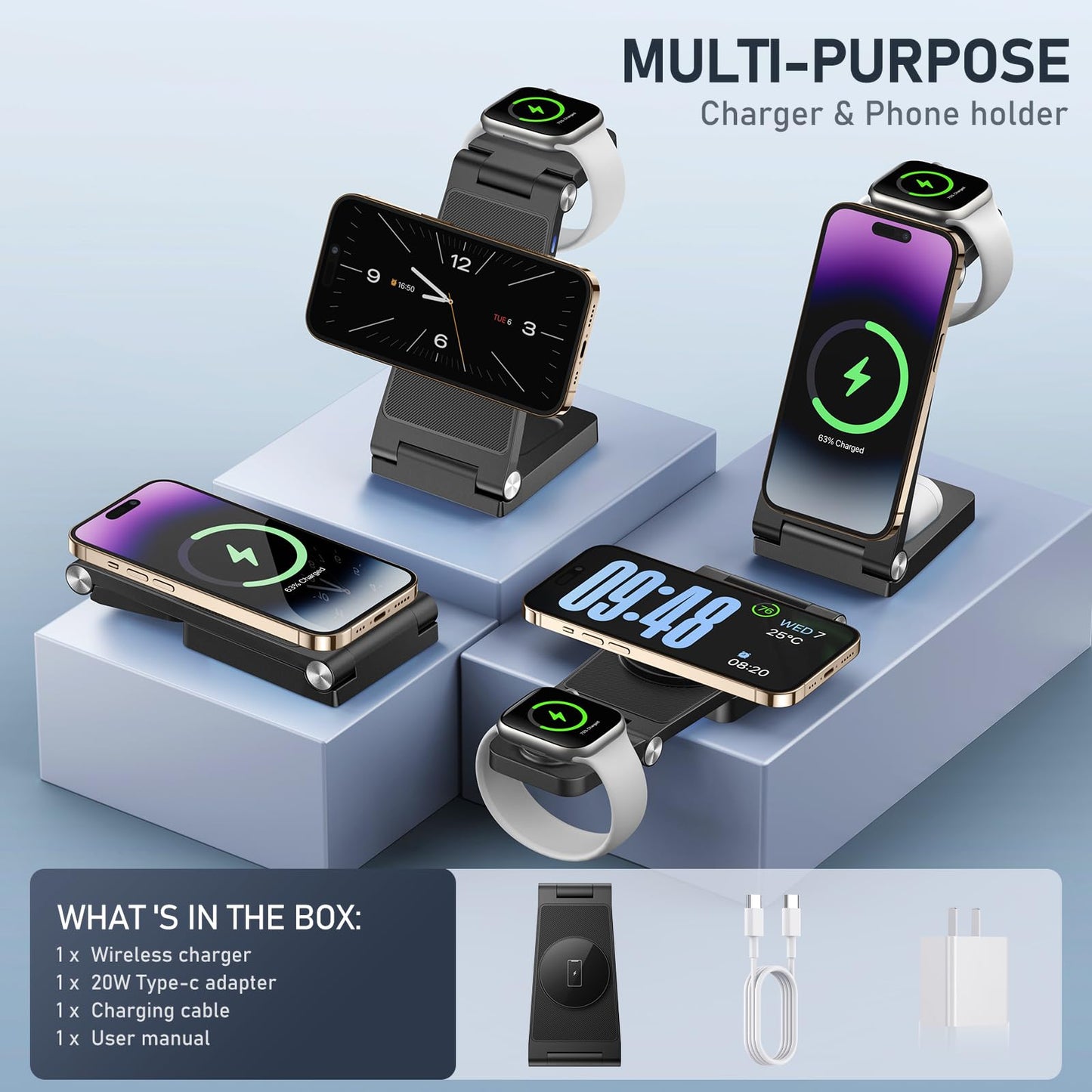 Magnetic Wireless Charger Stand, 3 in 1 Foldable Wireless Charging Station with 20W Adapter, Travel Charger for Multiple Devices for iPhone 17 16 15