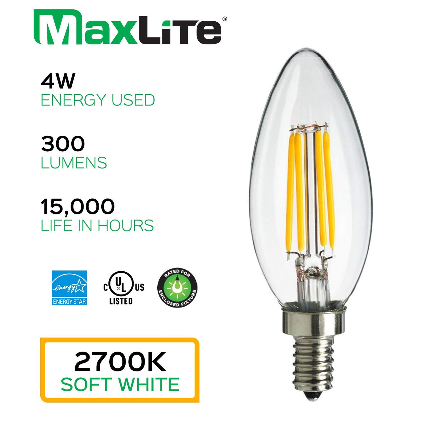 MaxLite Candelabra LED Chandelier Bulbs, 40W Equivalent, Enclosed Fixture Rated, 300 Lumens, Dimmable Filament Candle Bulbs, E12 Base, Energy Star