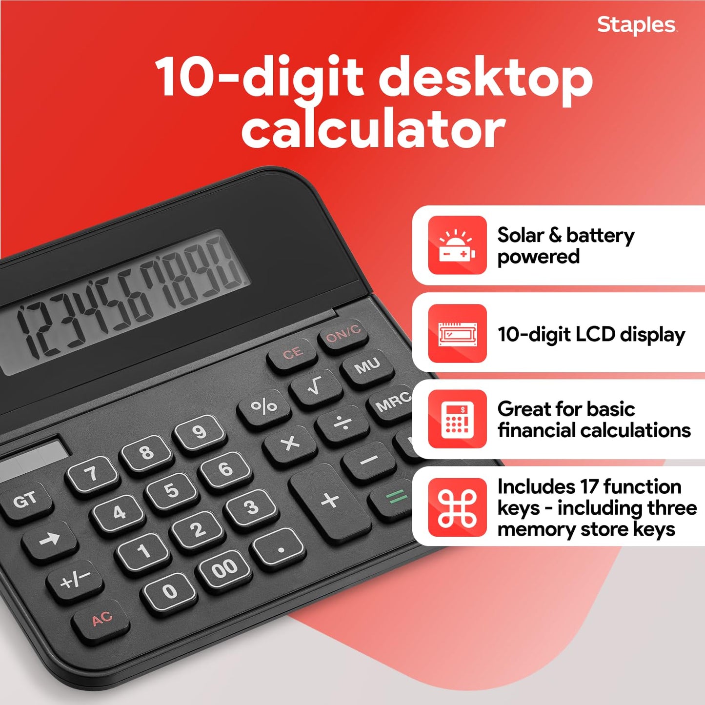 Staples 10-Digit Desktop Calculator, Solar/Battery, Large LCD Display, Basic Financial Functions, Compact Office Desk Calculator