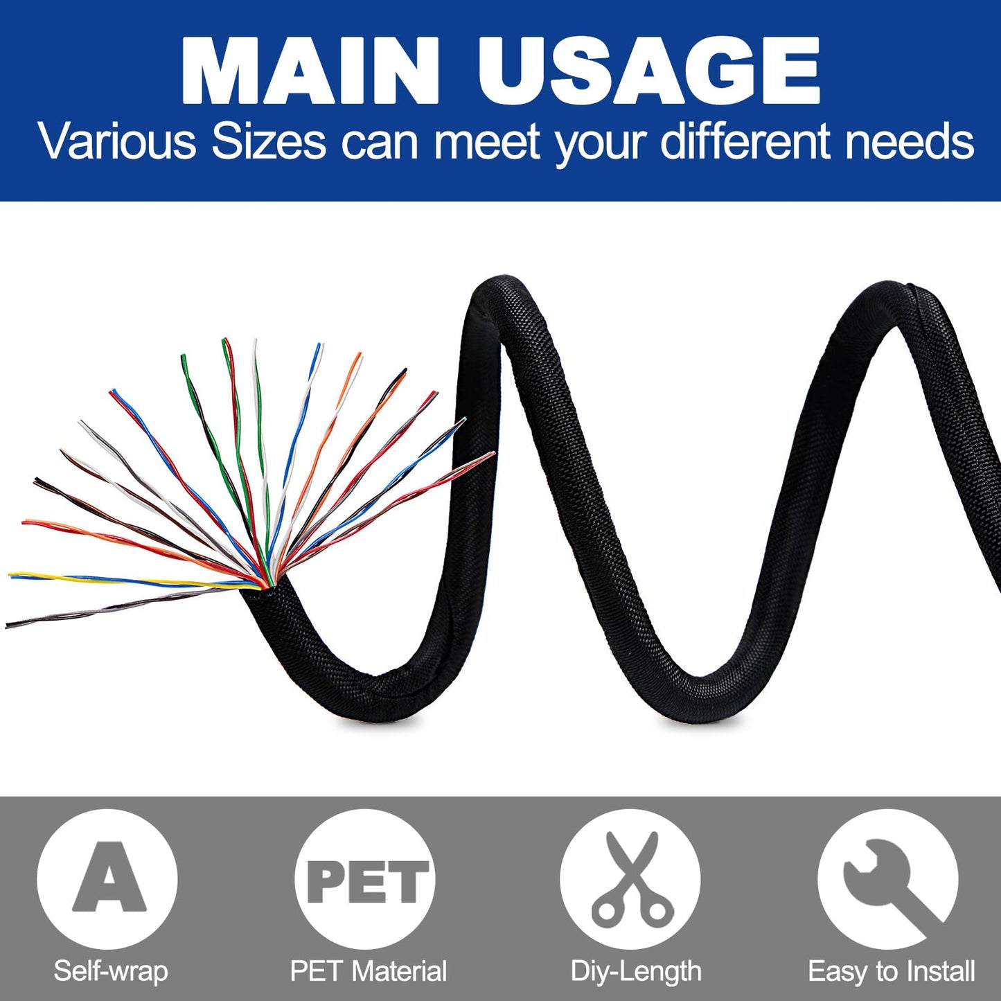 Split-Sleeve Wire Loom for High-Temperature Automotive Harness and Home Cable Management, 25ft - 1/2 inch Braided Cable Management Sleeve Cord