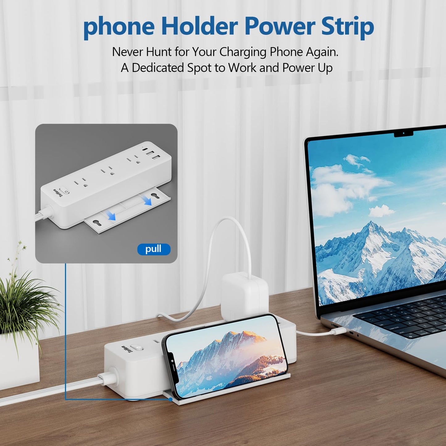 5 FT Extension Cord Flat Wall Plug, TerHavn Power Strip, 6 Outlet Extender with 3 USB (5V/3.4A 17W) Charging Ports, Power Strip with Surge Protector