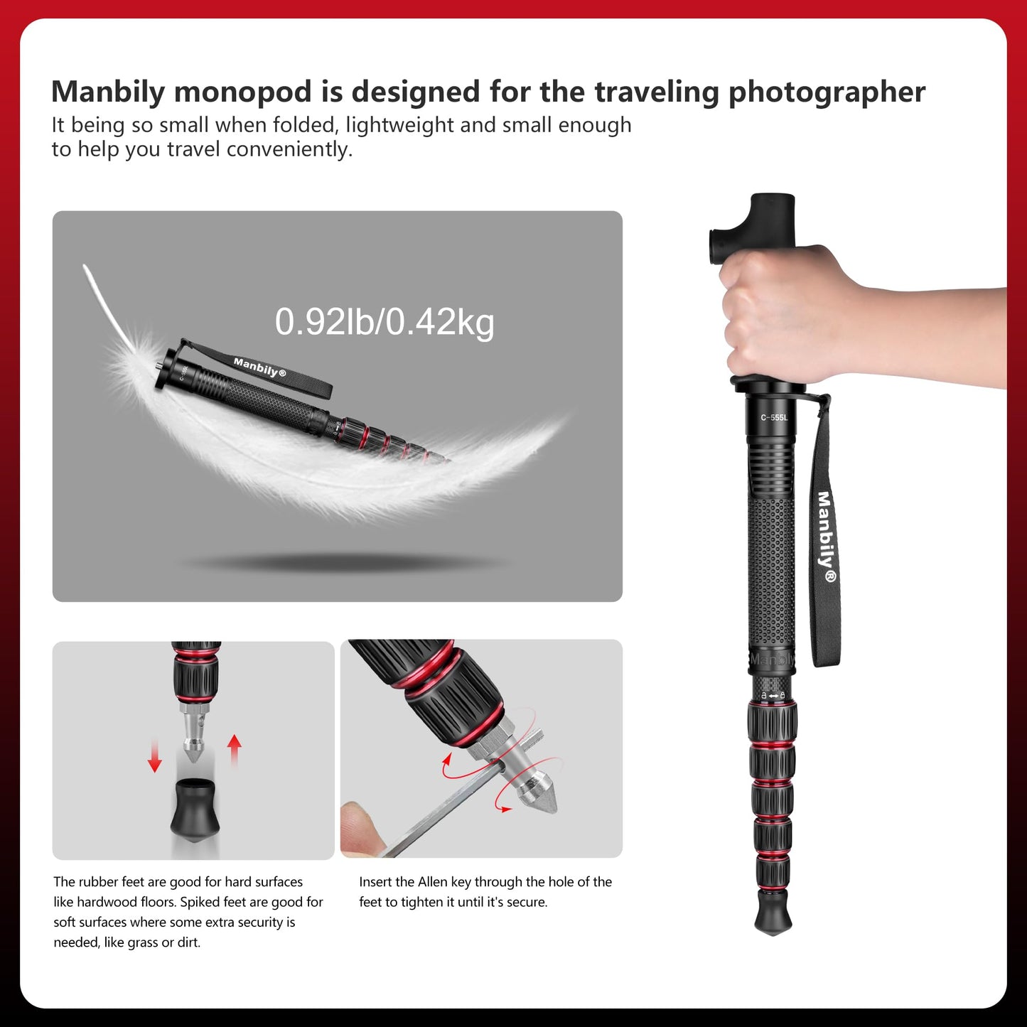 Manbily Carbon Fiber Camera Monopod, Portable Compact Lightweight Travel Monopod with Walking Stick Handle for DSLR Canon Nikon Sony Video Camcorder
