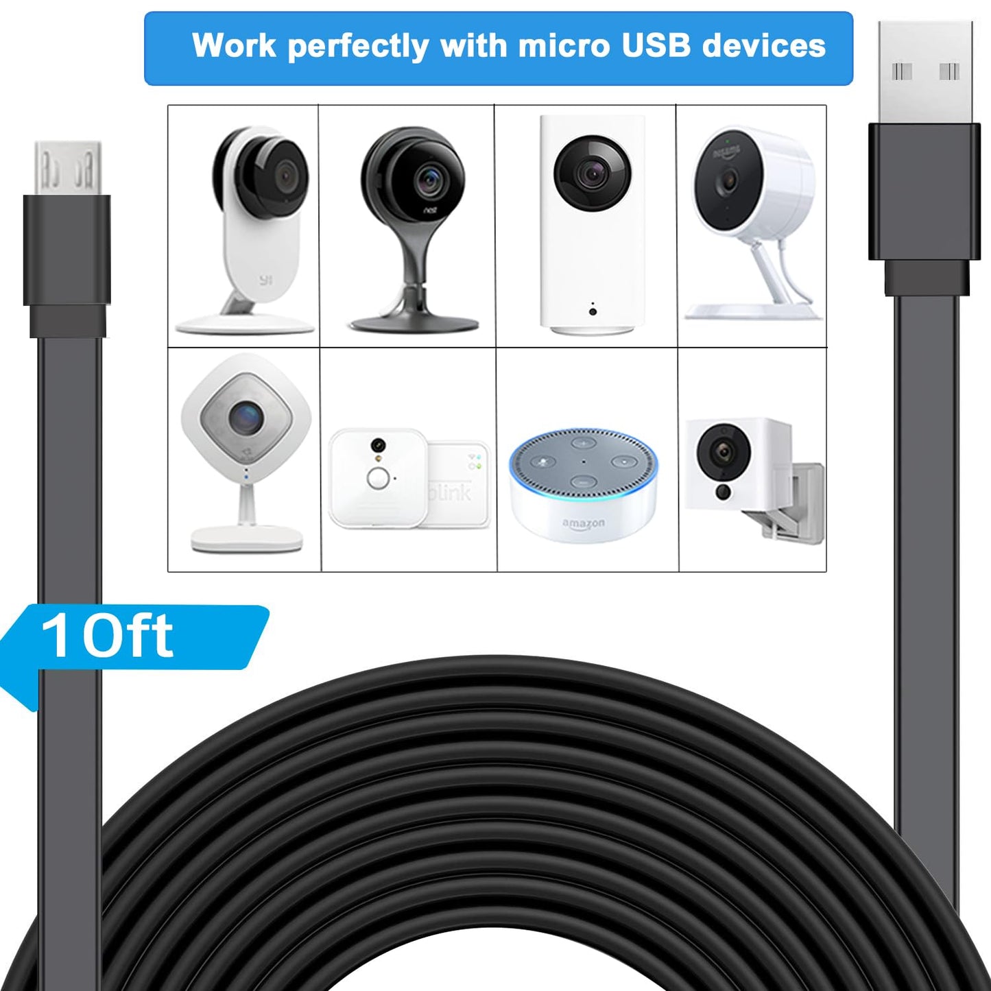 Power Extension Cable Compatible with Wyze Cam,WyzeCam Pan,OG,Kasa Cam,YI Dome Home,Nest-Cam Indoor,Furbo Dog,Blink,Netvue,Oculus Go,Arlo Pro Q,Amazon
