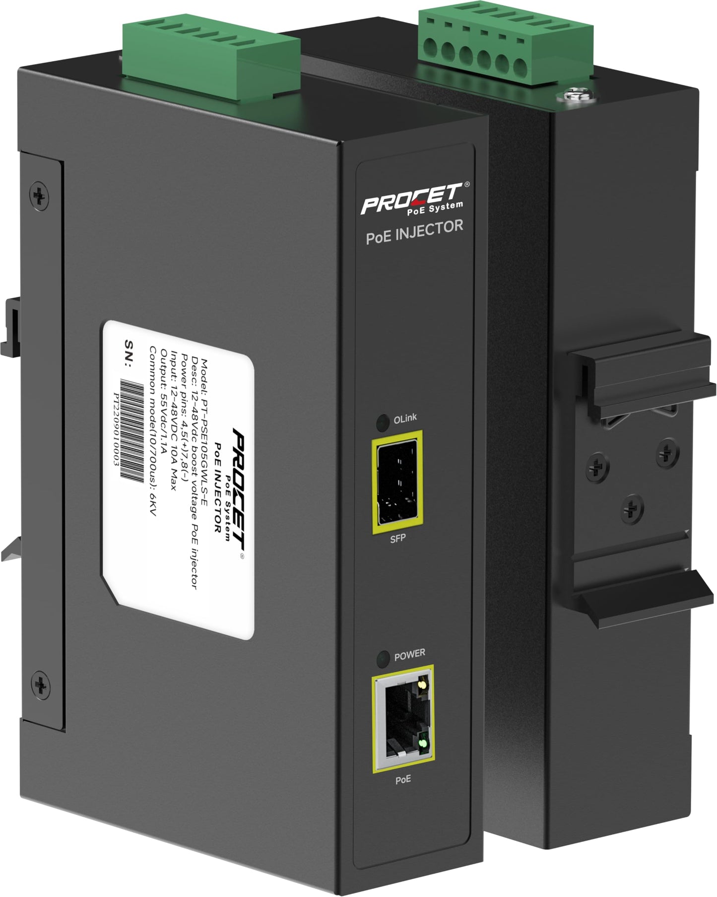 PROCET Gigabit PoE Injector DIN Rail 60W SFP Uplink PoE++ Power Injector, 6KV Surge Protection, -40°F to 149°F for UniFi AI Turret PTZ Camera