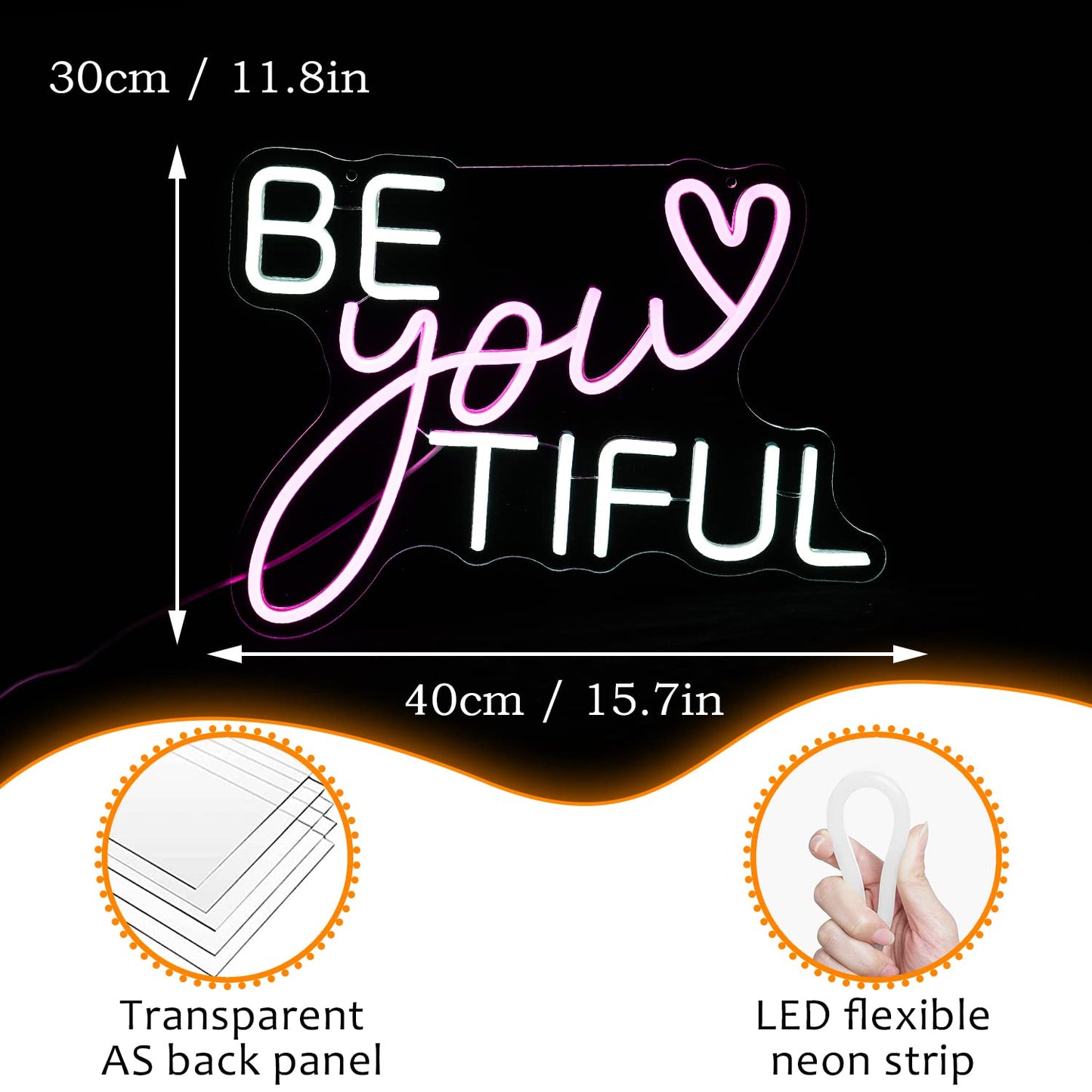 Be Your Tiful Neon Sign Dimmable Letter Neon Signs White Pink Wall Decorative Lights Powered USB with Switch for Bedroom Kid Room Shop Apartment