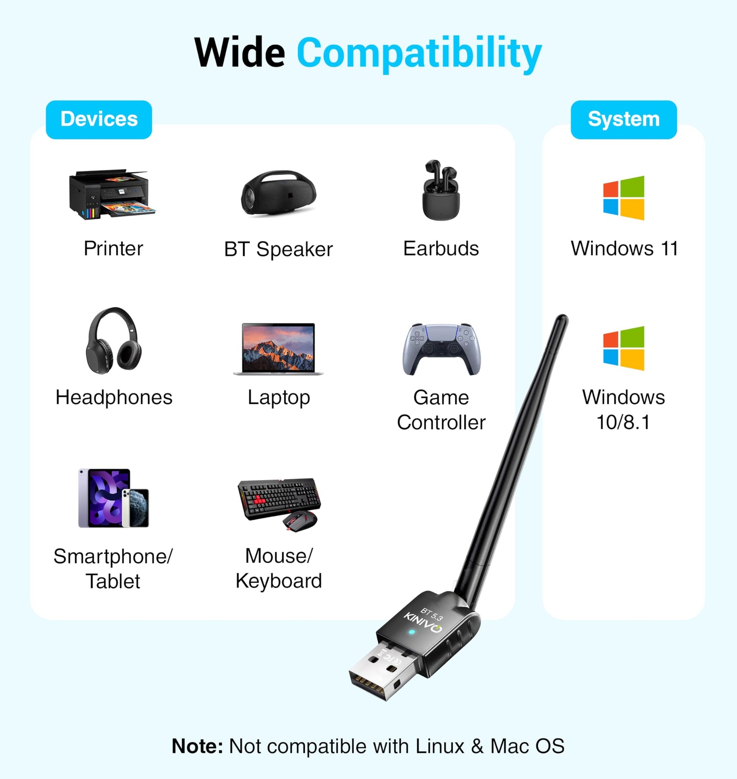 Kinivo USB Bluetooth Adapter for PC (BT 5.3, Long Range Wireless Receiver, USB Dongle for Windows 11/10/8.1) - Compatible with Laptops, Headsets