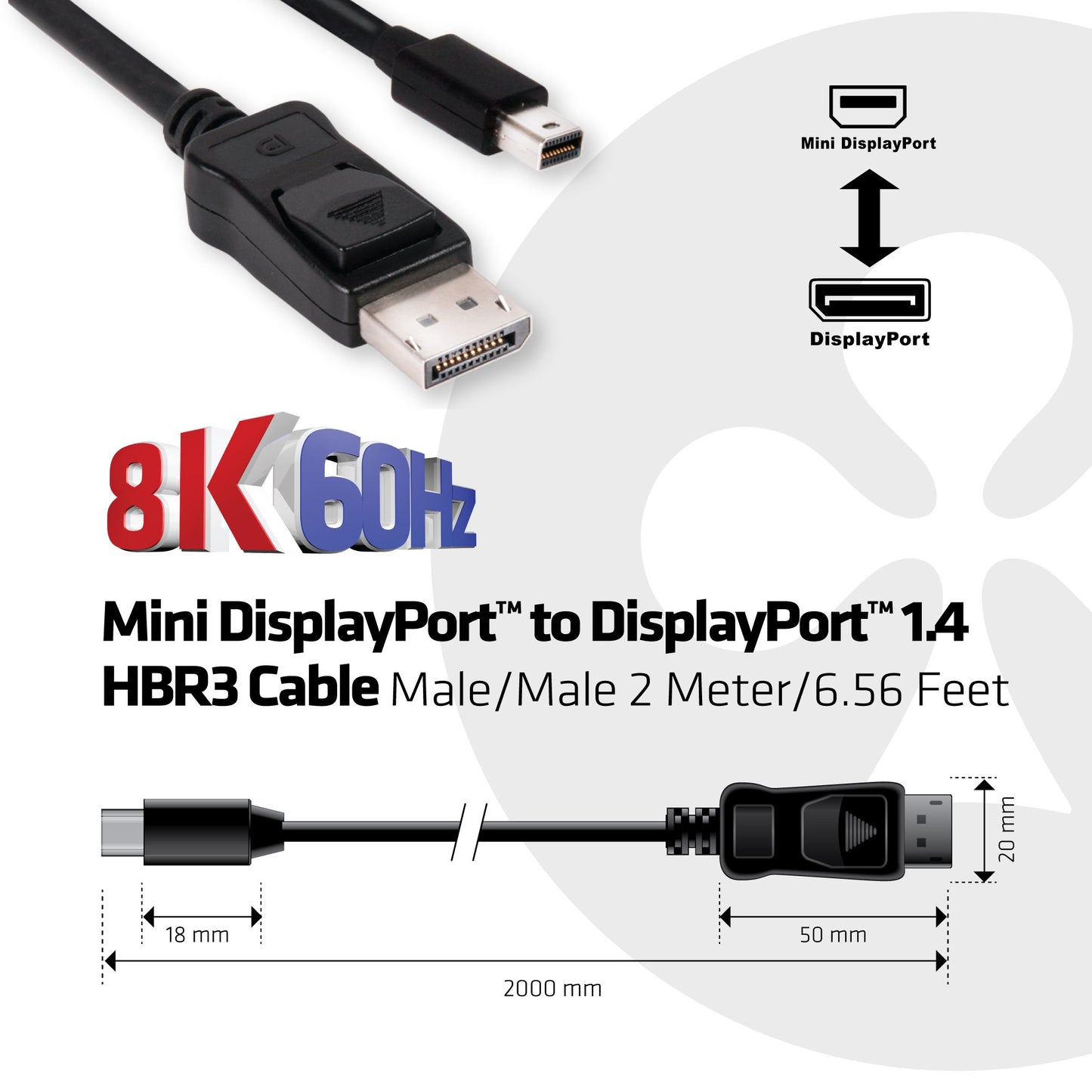 Club 3D CAC-1115 VESA Certified Mini DisplayPort to DisplayPort Bi-Directional 1.4/Hbr3 M/M Cable DP 1.4 8K 60Hz 2m- 6,56Ft