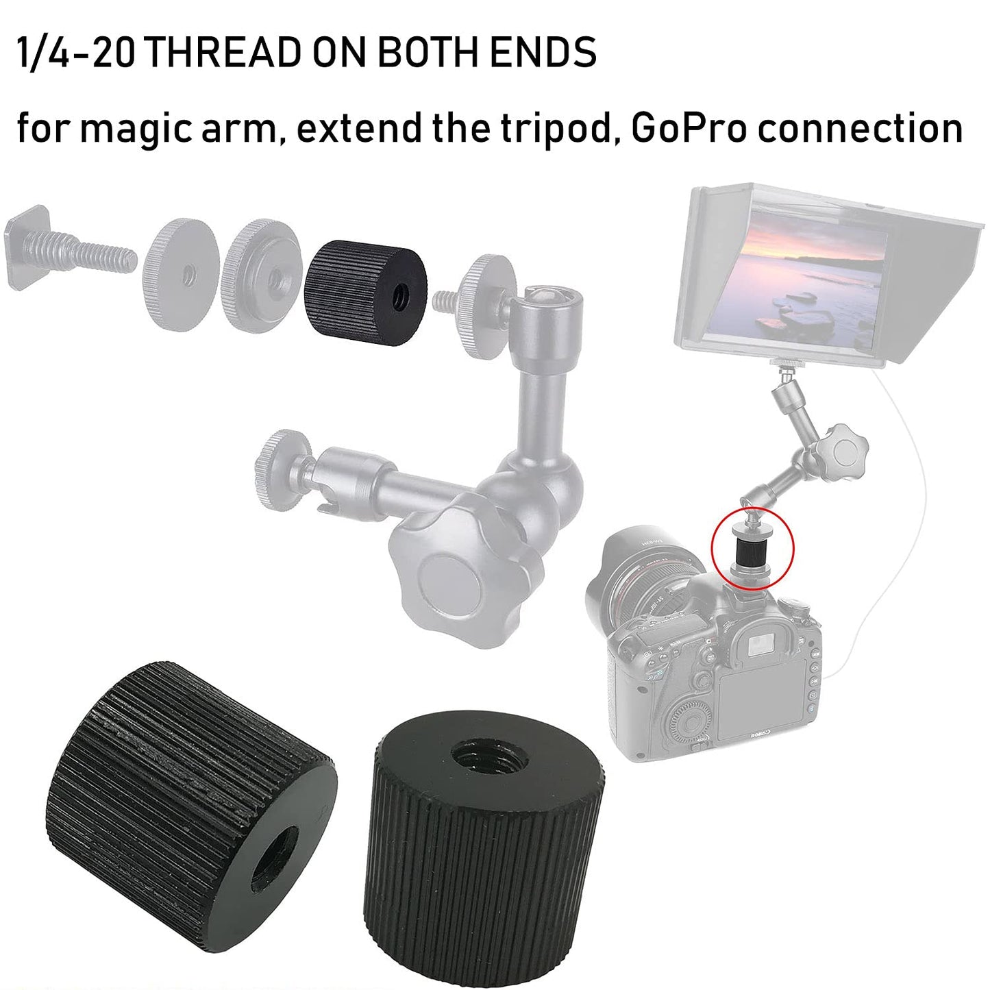 LUORNG 2Pcs Tripod Nut Barrel Connection Nut with 1/4 inch-20 Thread Hole Double Female Teeth for Articulating Tripod Rigs Replacement