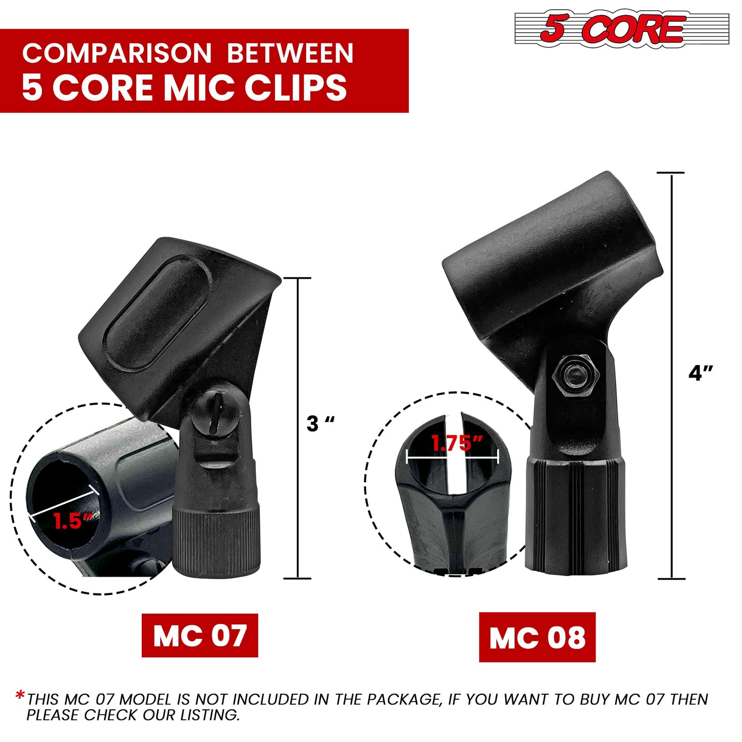 5 Core Pencil Microphone Clip Holder Black Angle Adjustable Slim Condenser Mic Adapter + Universal 5/8" Male to 3/8" Female Adapter 4Pcs - MC 08 4PCS