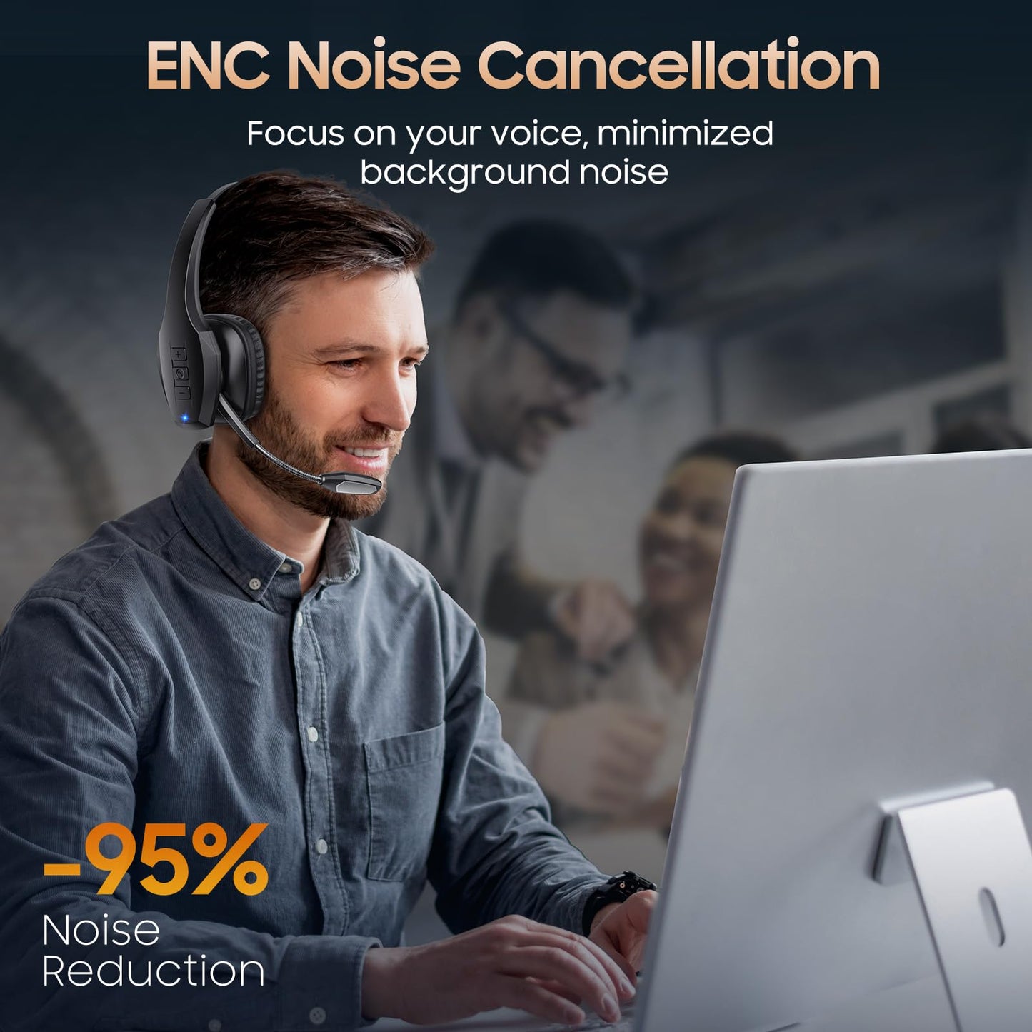 Trucker Bluetooth Headset, Wireless Headset with Mic, Bluetooth Headsets with Dual Noise Cancelling Microphone & Mute Button, 55Hrs Working Time PC