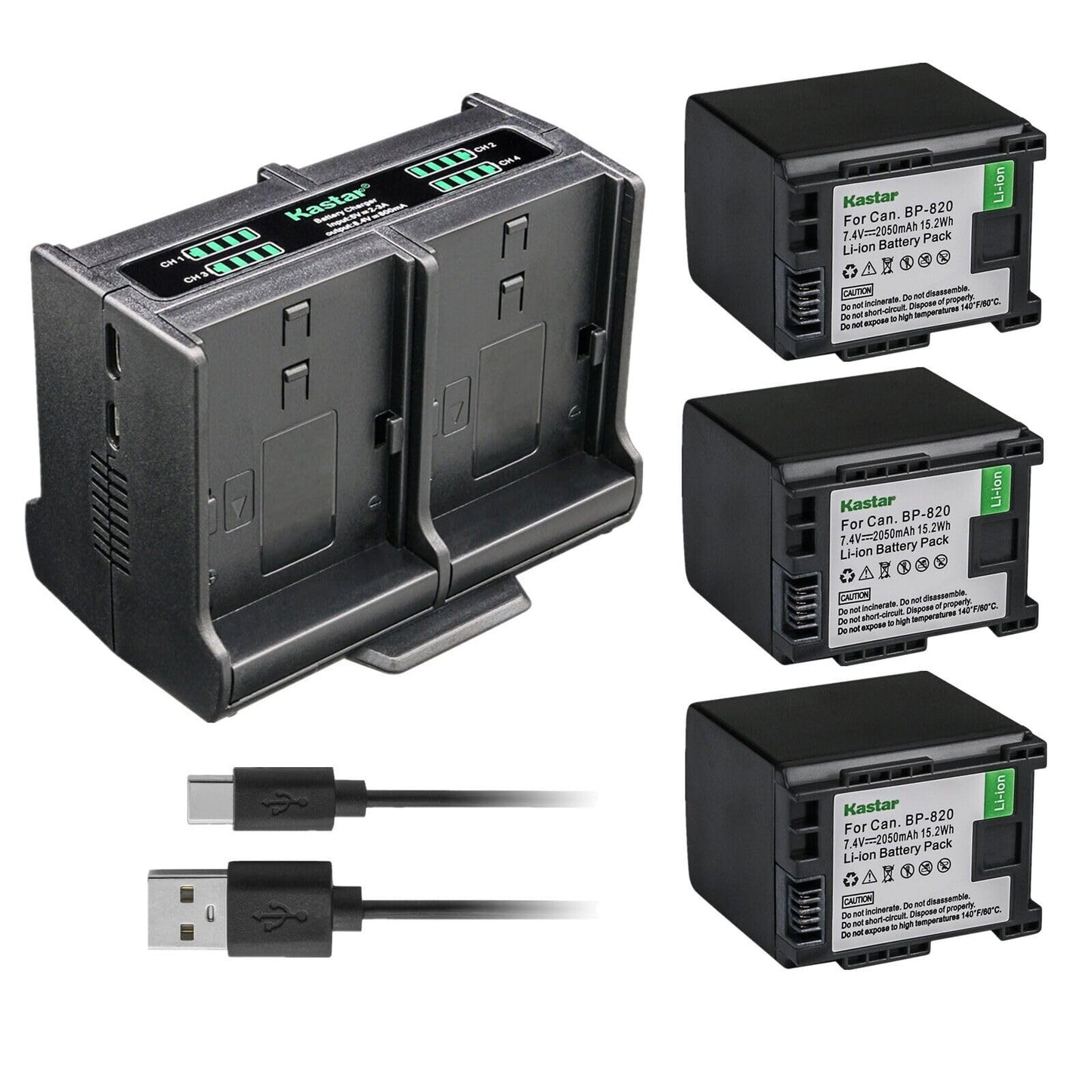 Kastar 3-Pack Battery and Quadruple Charger Compatible with Canon BP-820 BP820, BP-828 BP828 Battery, CG-800 CG800 Charger, Canon XA60, Canon XA65