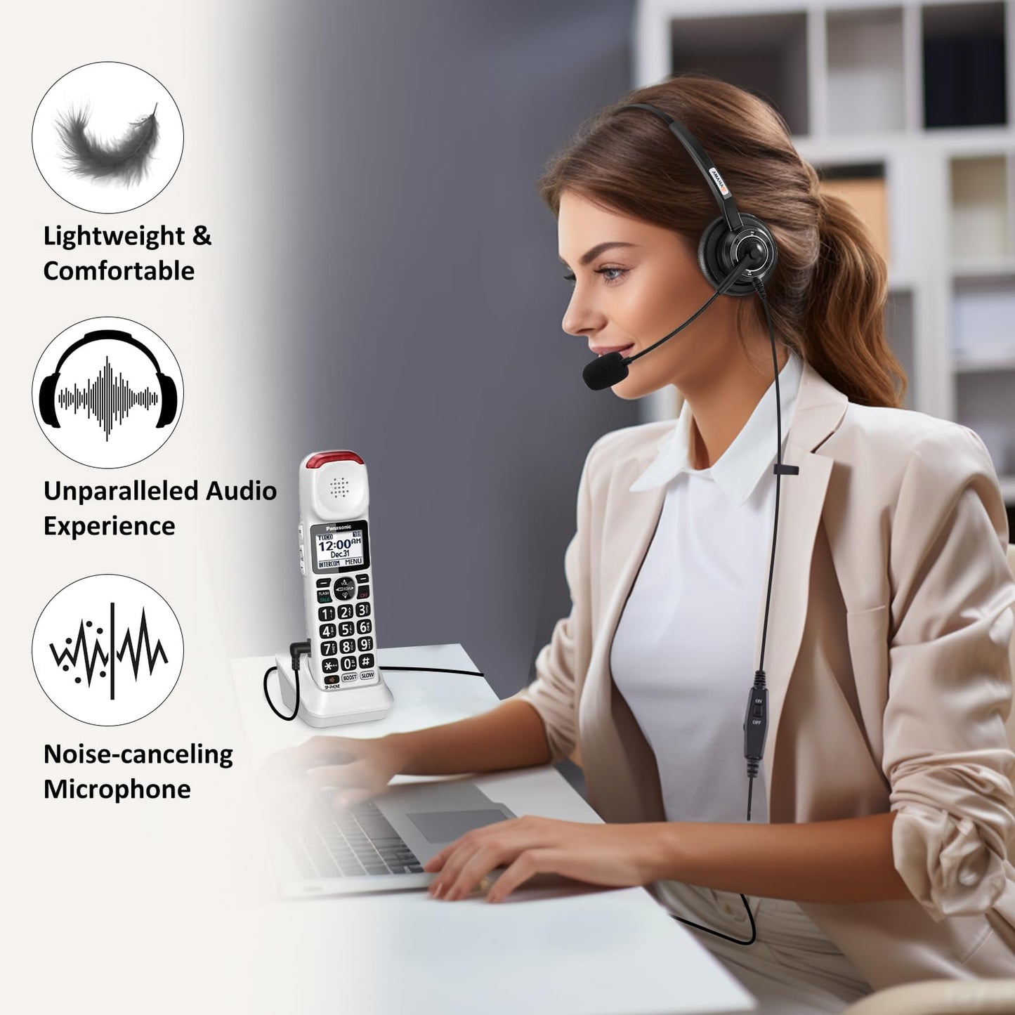 Phone Headset 2.5mm with Microphone Noise Canceling Mute Switch, Telephone Headset for Landline Cordless Phones Compatible with Panasonic VTech AT&T