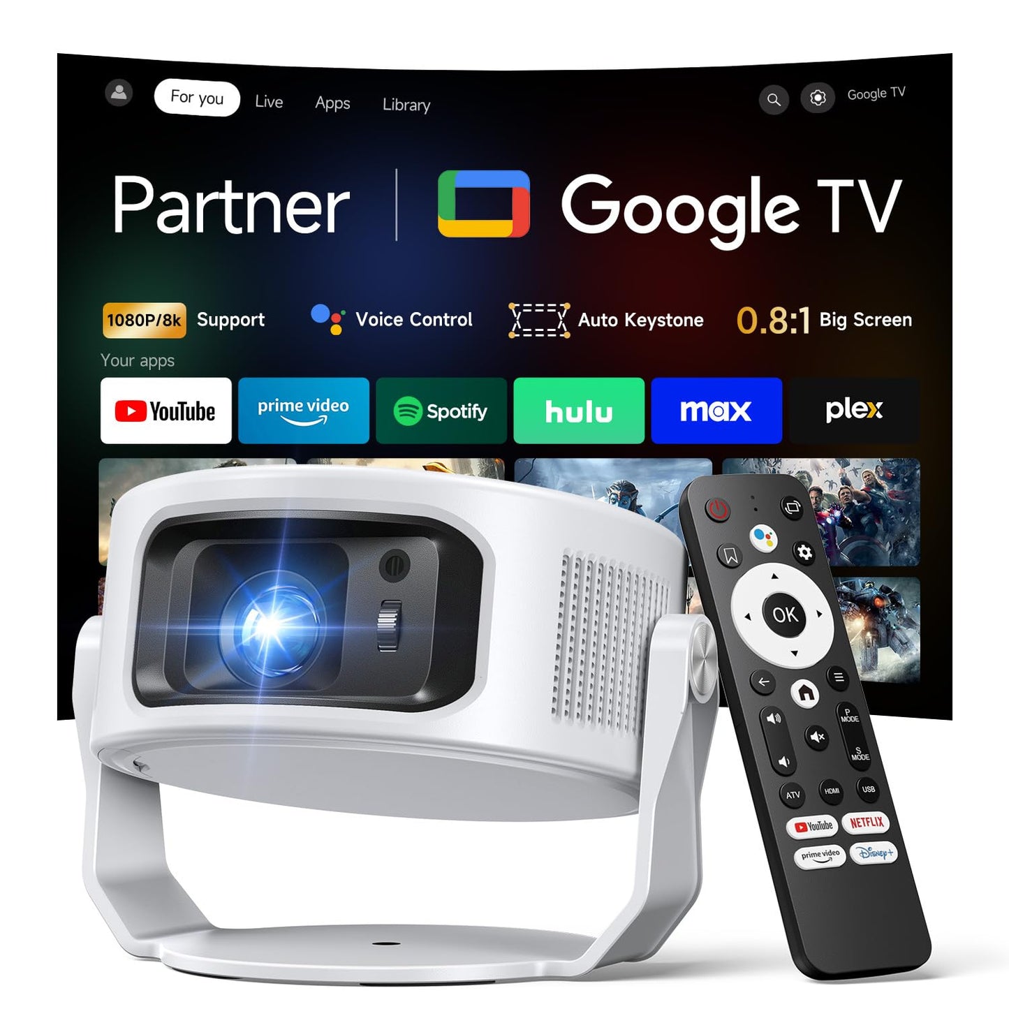 Philoent?Google TV Included?Smart Mini Projector, Ultra Short Throw for Big Screen in Small Room, Auto Keystone Portable Proyector with WiFi