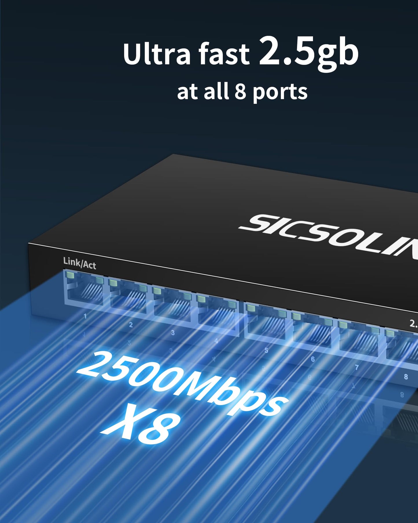 2.5Gb PoE+ Switch 10-Port Unmanaged with 8*2.5G Base-T PoE+ Ports, 2*10G SFP+ , IEEE802.3af/at , 80Gbps Switching Capacity, Metal, 2.5Gbe PoE Switch